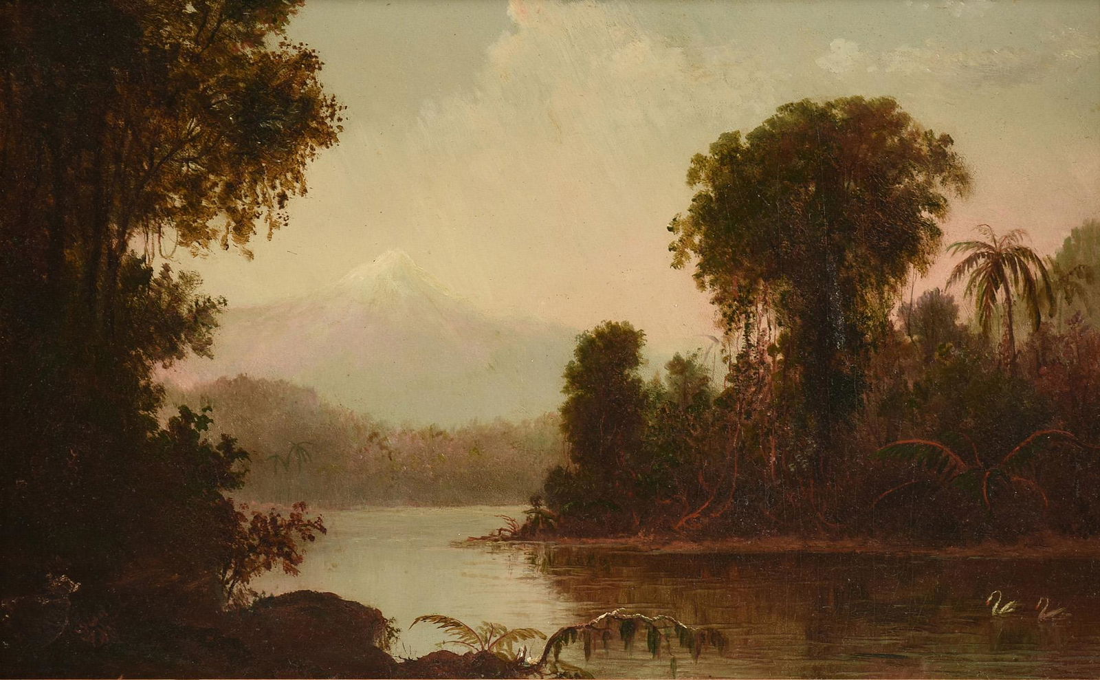 SECOND GENERATION HUDSON RIVER SCHOOL (19th/20th: SECOND GENERATION HUDSON RIVER SCHOOL (19th/20th Century) A PAINTING, "Mountain with Palms and Swans In Riverbend," follower of Frederic Edwin Church (American 1826-1900), oil on pressed cardboard. 8
