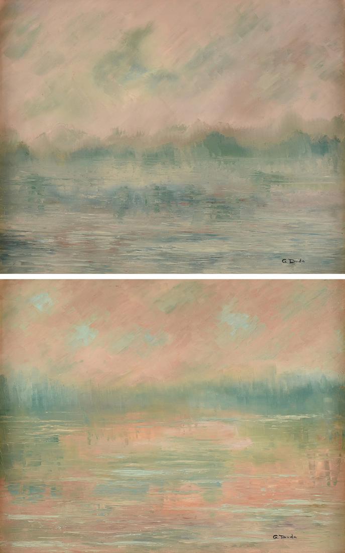 GARY DUDA (American b. 1951) A PAIR OF LANDSCPE: GARY DUDA (American b. 1951) A PAIR OF LANDSCPE PAINTINGS, "Twilight," AND "Sunset," oil on canvas, each signed L/R, "G. Duda." 16" x 20"