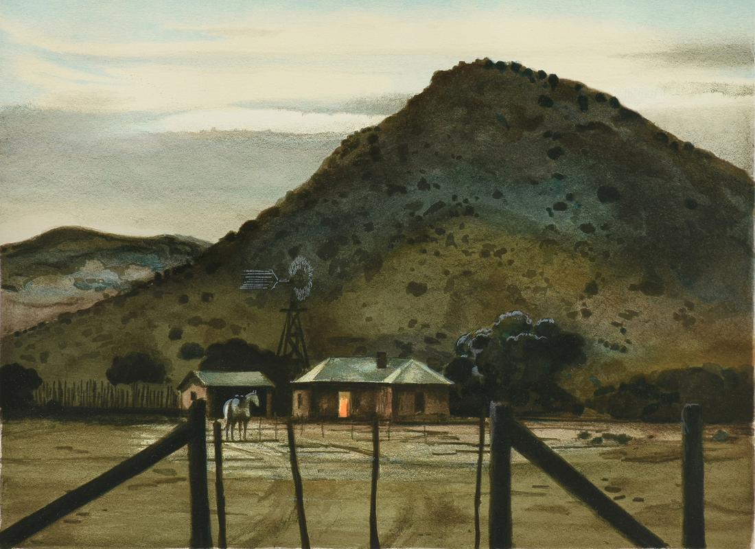 PETER HURD (American 1904-1984) A PRINT, "Night: PETER HURD (American 1904-1984) A PRINT, "Night Visitor," color lithograph on paper, signed in pencil in margin, "Peter Hurd," numbred L/L 26/260, two blind stamps in margin. 21" x 16"