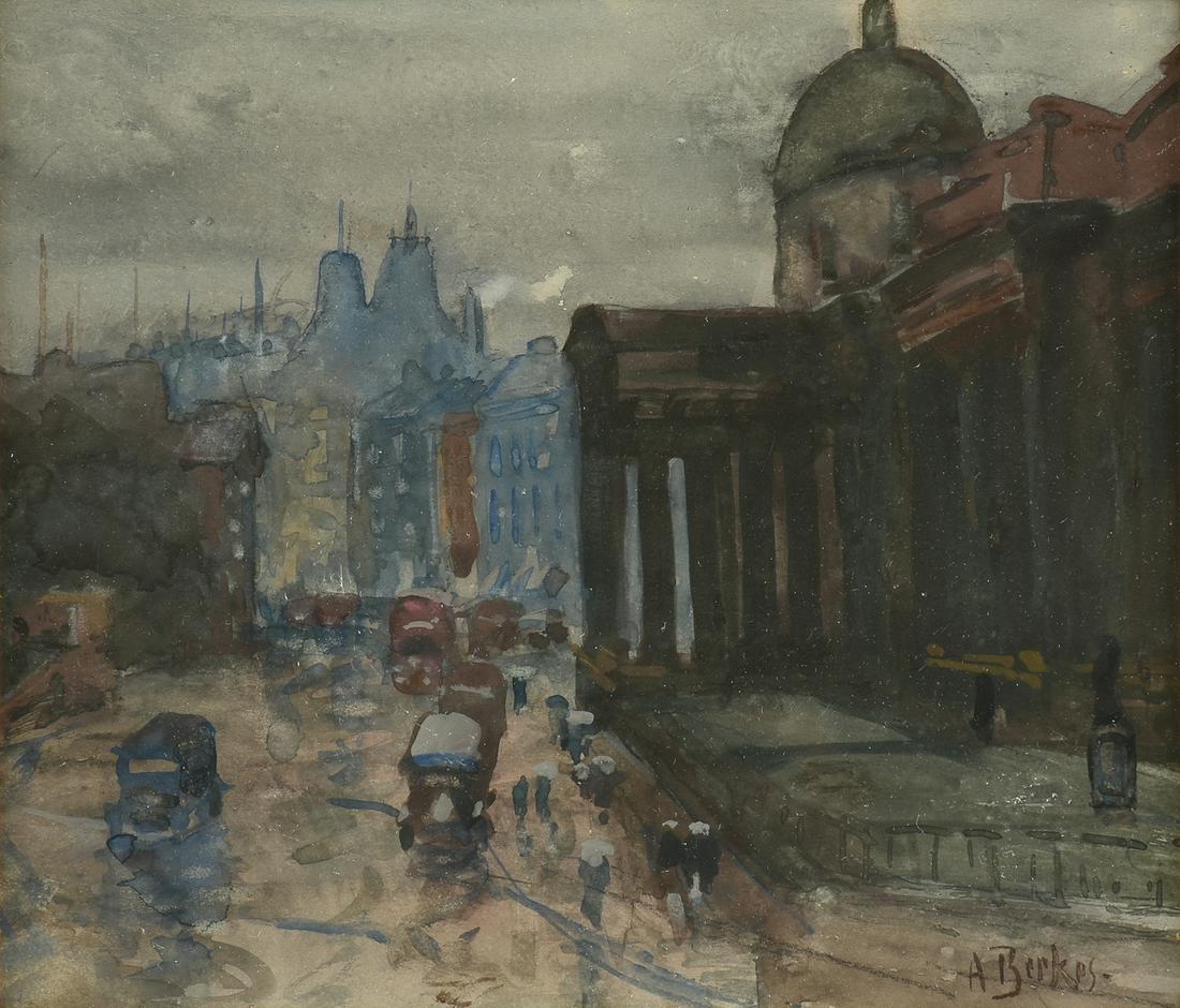 ANTAL BERKES (Hungarian 1874-1938) A PAINTING,: ANTAL BERKES (Hungarian 1874-1938) A PAINTING, "Bustling Street Scene," watercolor on paper, signed L/R, "A. Berkes," verso a paper gallery label. 7 5/8" x 9" Provenance: Property from a Private Colle