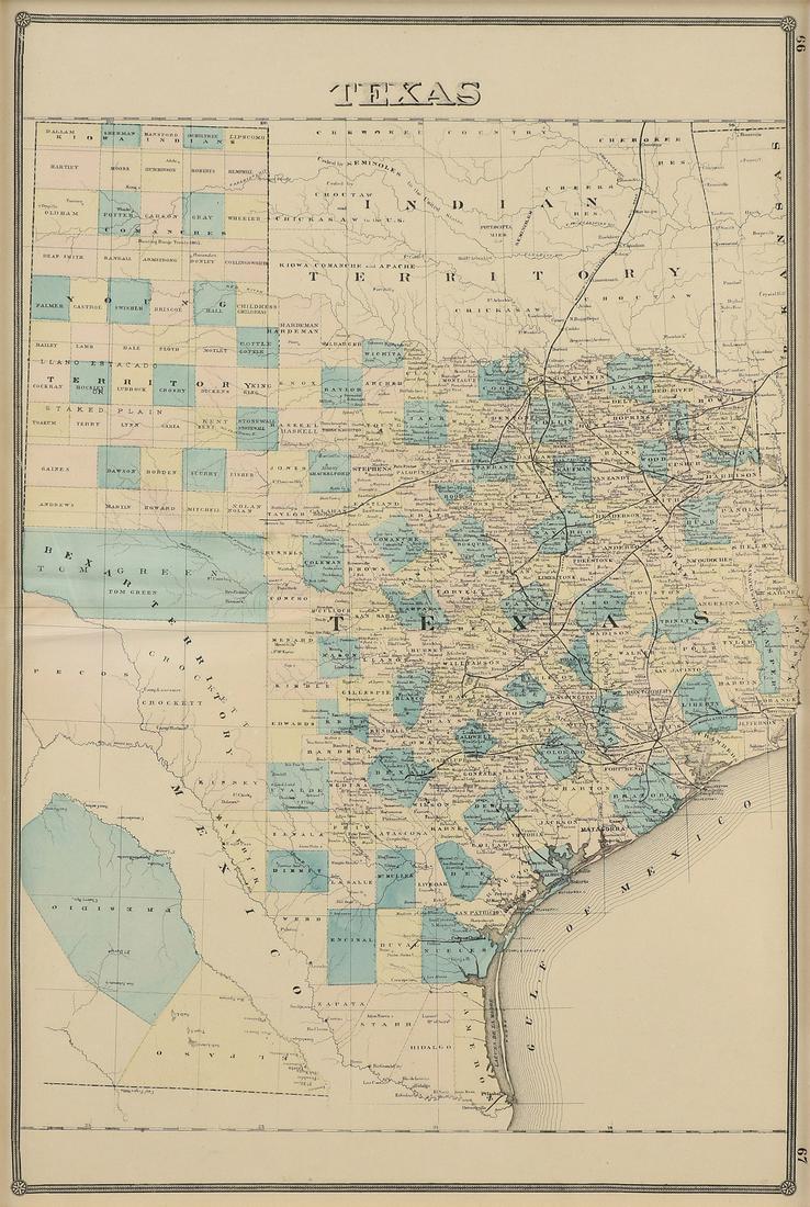 AN ANTIQUE MAP, "Texas and Indian Territory,": AN ANTIQUE MAP, "Texas and Indian Territory," 1880-1901, hand colored engraving on paper, a page fragment from an atlas, pages 66-67, unusually a portion of West Texas is inverted in the L/L