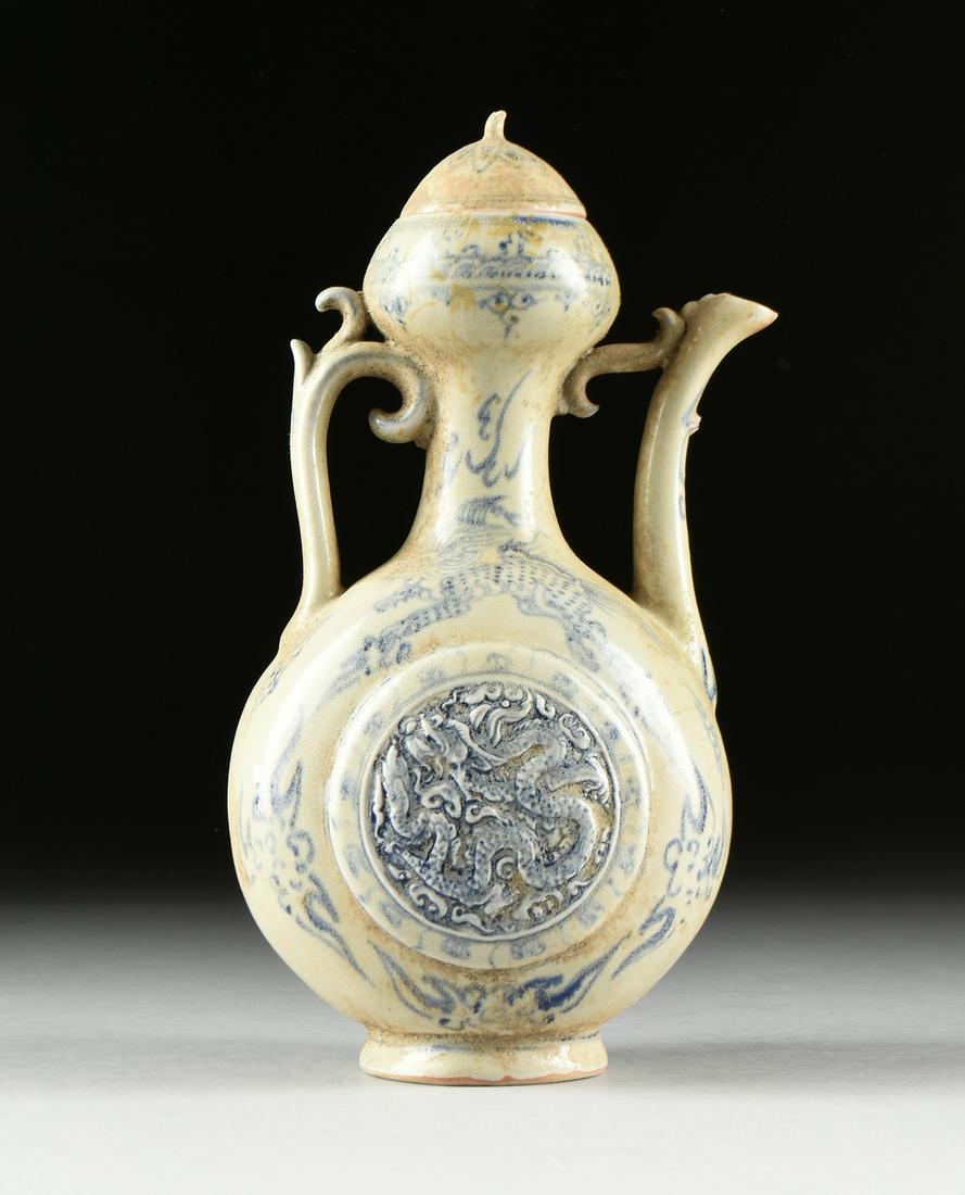 A VIETNAMESE/ANNAMESE BLUE AND WHITE PORCELAIN DOUBLE: A VIETNAMESE/ANNAMESE BLUE AND WHITE PORCELAIN DOUBLE GOURD EWER, SHIPWRECK ARTIFACT, 15TH/16TH CENTURY, the stemmed dome form lid on a bud shape top with sides centering a continuous band of stylized
