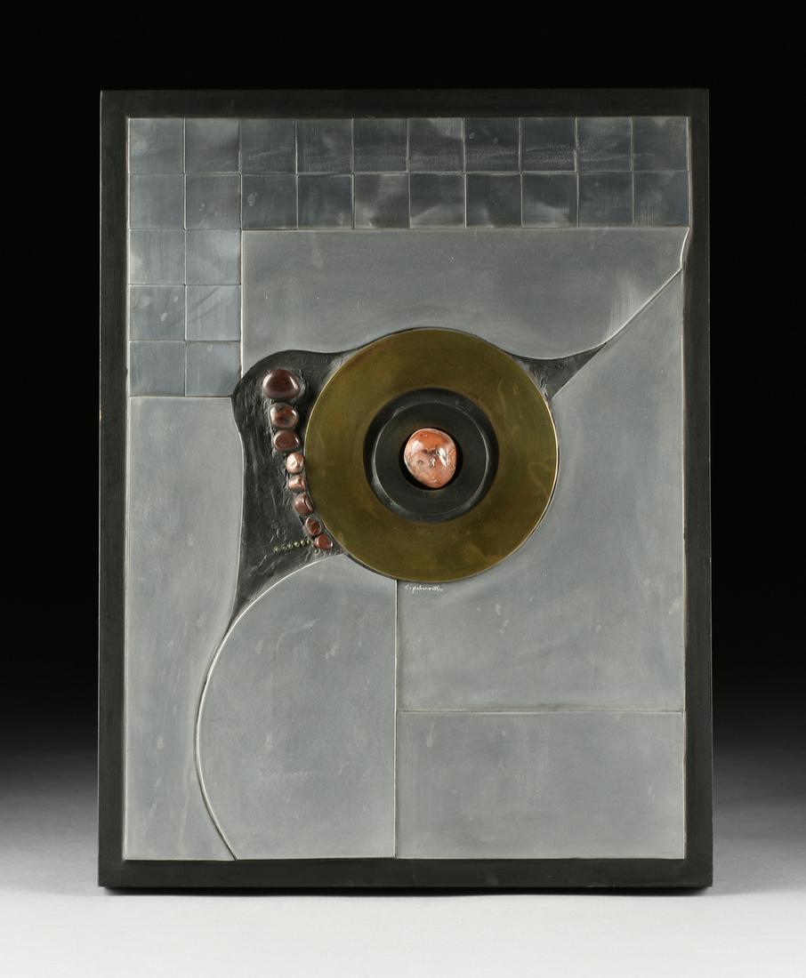 CHARLES PEBWORTH (American/Texas 1926-2019) A WALL: CHARLES PEBWORTH (American/Texas 1926-2019) A WALL SCULPTURE, "Come with Me," polished stainless steel and rock on painted wood, engraved signature center, "C. Pebworth," titled in pencil verso and si
