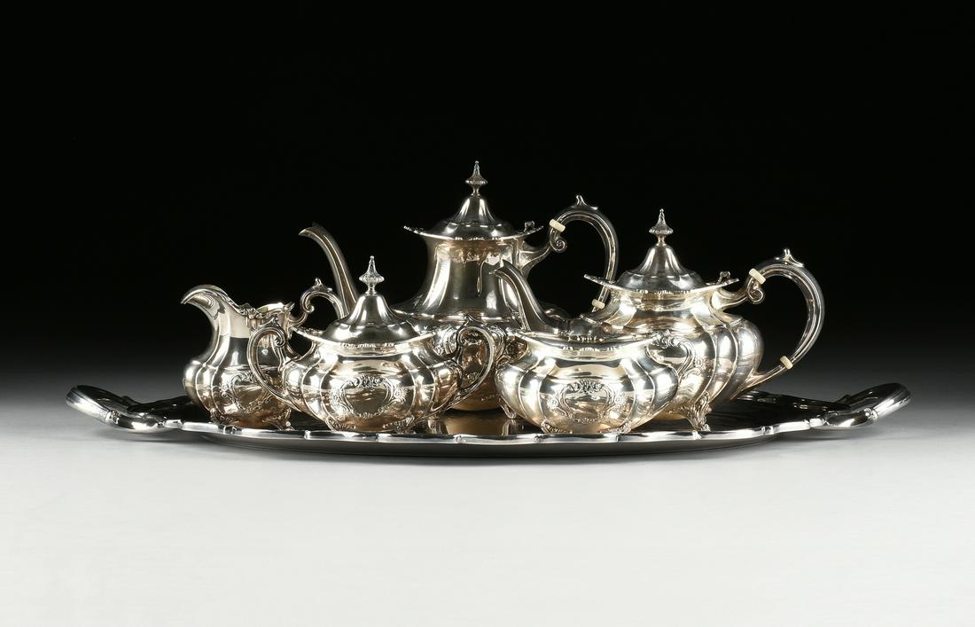 A SIX PIECE REED & BARTON STERLING SILVER AND PLATED: A SIX PIECE REED & BARTON STERLING SILVER AND PLATED TEA/COFFEE SERVICE, HAMPTON COURT SHIELD PATTERN, MARKED, 20TH CENTURY, each stamped on underside with "REED & BARTON STERLING 663" and "Hamp