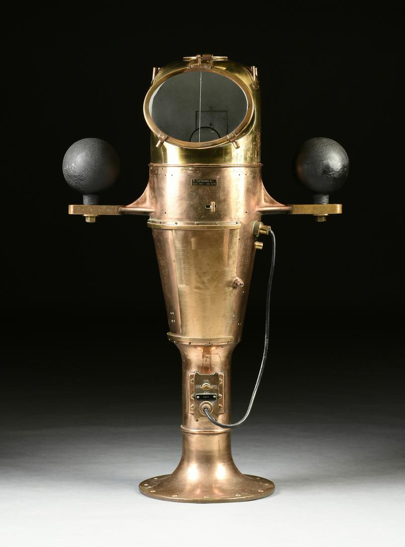 A VINTAGE AMERICAN SHIP'S BINNACLE, E.S. RITCHIE &: A VINTAGE AMERICAN SHIP'S BINNACLE, E.S. RITCHIE & SON'S INC., BOSTON, MID/LATE 20TH CENTURY, gilt brass, polished copper and enameled metal, electrified, the compass marked, with name plate, "S.S. Th
