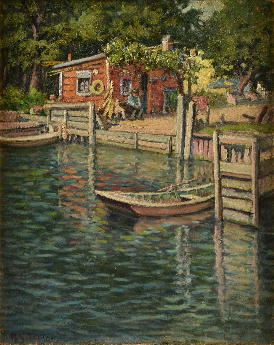 ROLLA SIMS TAYLOR (American/Texas 1872-1970) A: ROLLA SIMS TAYLOR (American/Texas 1872-1970) A PAINTING, "Shack along the San Antonio River," oil on canvas, signed "R.S. Taylor" L/L, pencil notation multiple times on verso stretchers of artist's na