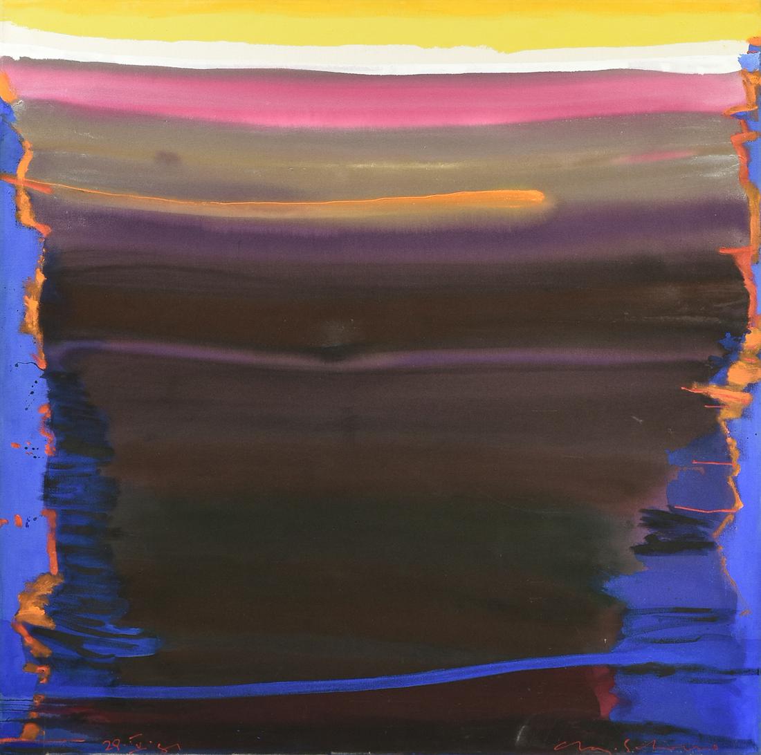 CHARLES SCHORRE (American/Texas 1925-1996) A PAINTING,: CHARLES SCHORRE (American/Texas 1925-1996) A PAINTING, "Reflected Sunset Sounds," 1981, oil on canvas, signed L/R, "Chas. Schorre," and dated L/L, "29. V. 81." 60" x 60"
