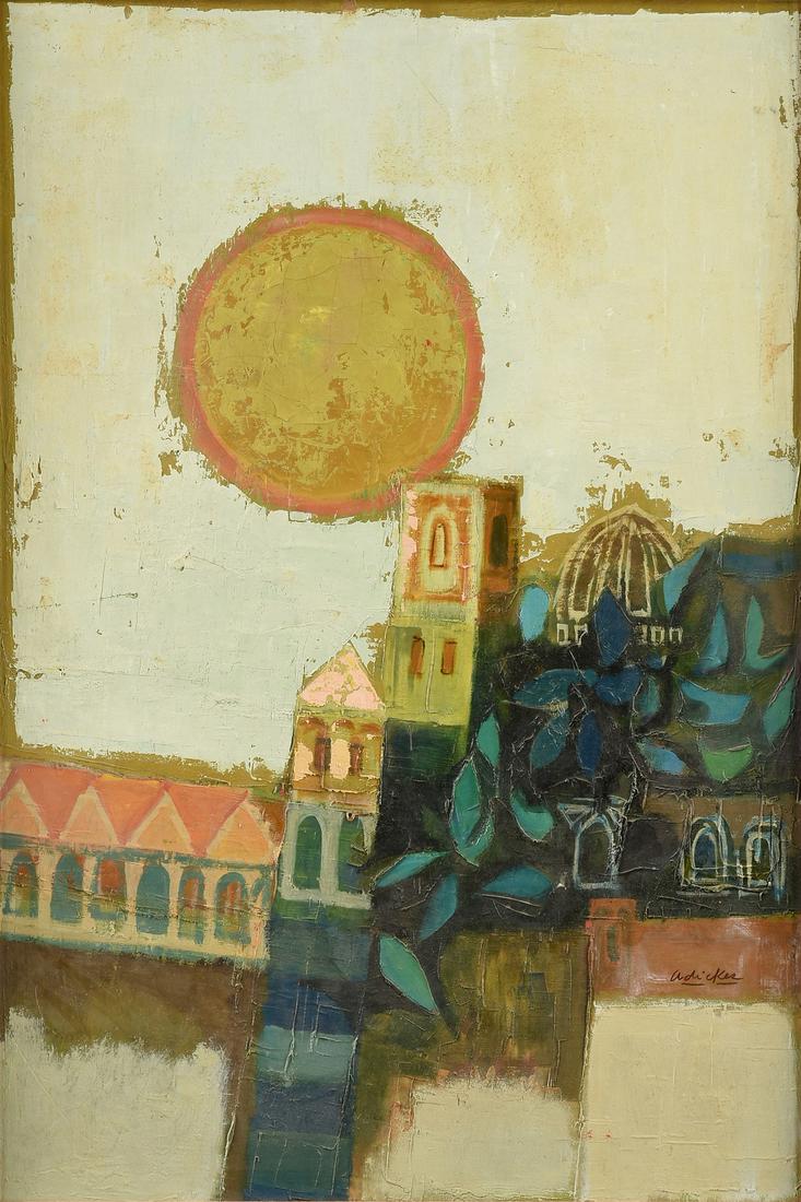 DAVID ADICKES (American/Texas b. 1927) A PAINTING,: DAVID ADICKES (American/Texas b. 1927) A PAINTING, "City and Orange Moon," LATE 1950S, oil on board, signed L/R, "Adickes," verso dated and signed by artist. 36" x 24"