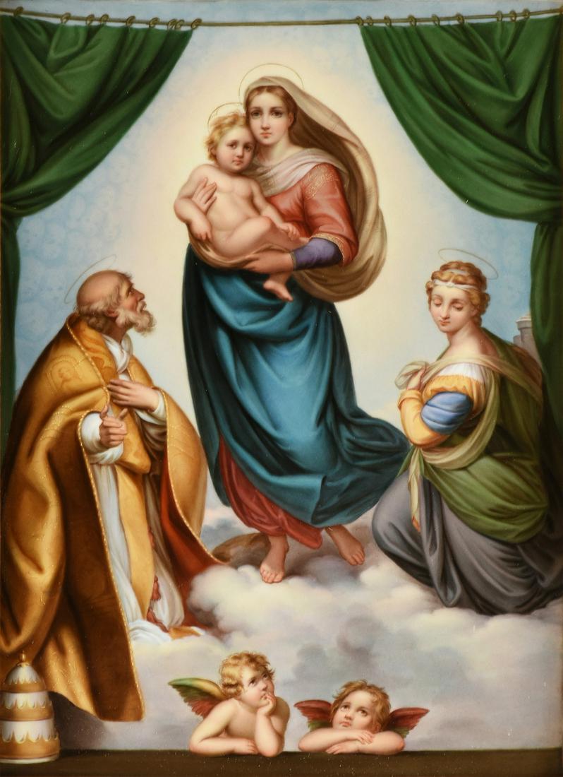 A MEISSEN PLAQUE OF THE SISTINE MADONNA, BLUE MARK,: A MEISSEN PLAQUE OF THE SISTINE MADONNA, BLUE MARK, THIRD QUARTER 19TH CENTURY, finely hand painted in colors and after Raphael Sanzio da Urbino's "Madonna di San Sisto" or "Sistine Madonna," ce