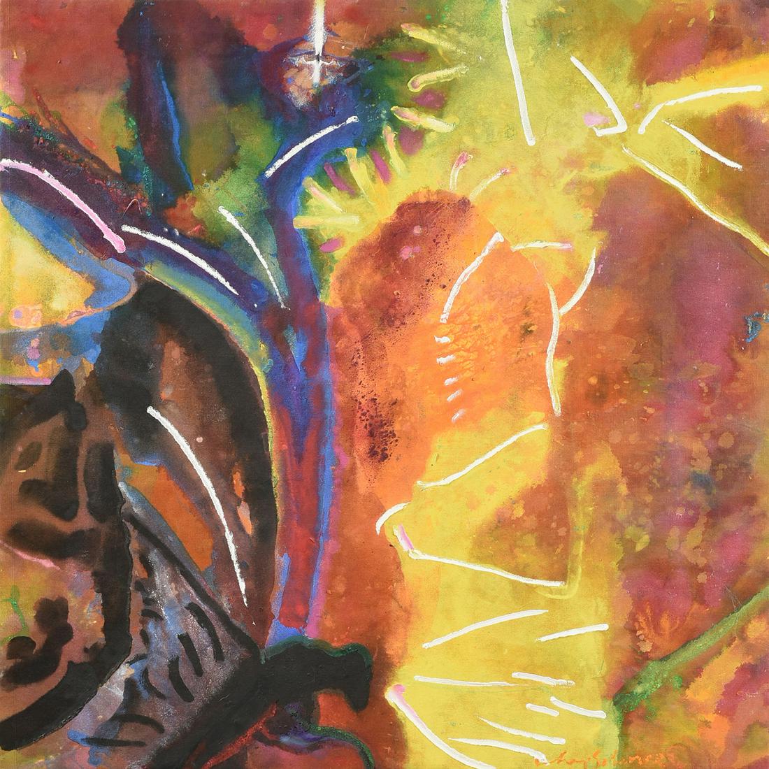 CHARLES SCHORRE (American/Texas 1925-1996) A PAINTING,: CHARLES SCHORRE (American/Texas 1925-1996) A PAINTING, "Power Play 1," oil on canvas, signed L/R, "Chas. Schorre," verso titled. 36" x 36"