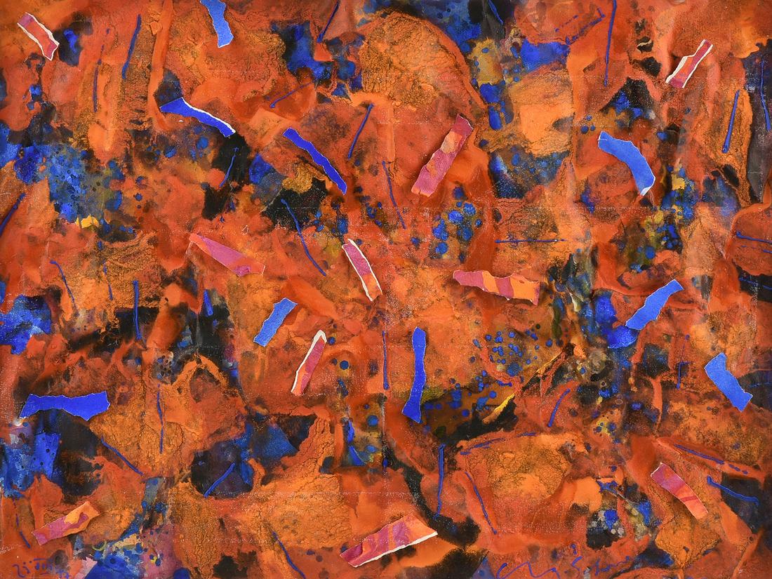 CHARLES SCHORRE (American/Texas 1925-1996) A PAINTING: CHARLES SCHORRE (American/Texas 1925-1996) A PAINTING AND COLLAGE, "Mudwarpfour," 1977, mixed media on paper, signed L/R and dated L/L, labels verso from Meredith Long Gallery, Dubose Gallery (remnant