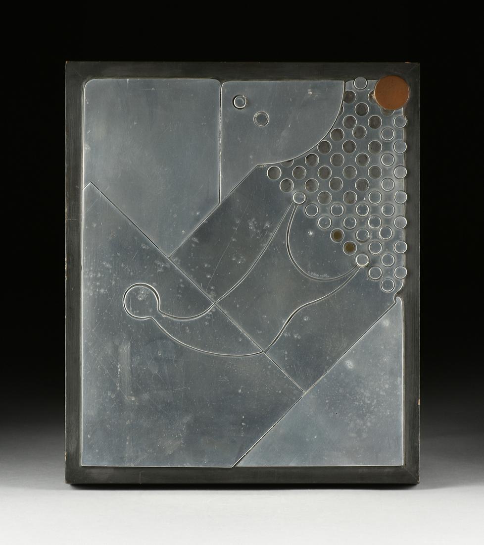 CHARLES PEBWORTH (American/Texas 1926-2019) A WALL: CHARLES PEBWORTH (American/Texas 1926-2019) A WALL SCULPTURE, "Turn Me On," polished stainless steel and copper on painted wood, engraved signature C/R, "C. Pebworth," verso in pencil titled and signe