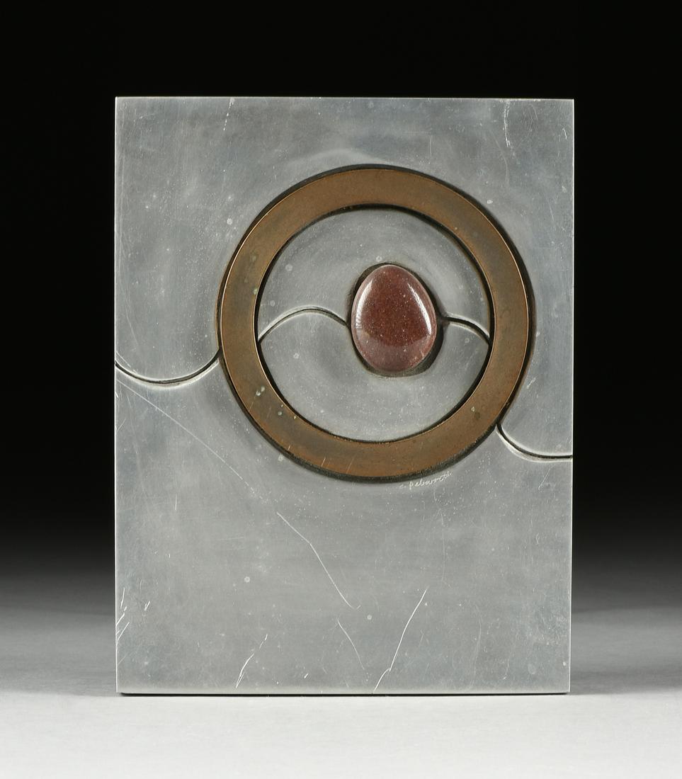 CHARLES PEBWORTH (American/Texas 1926-2019) A WALL: CHARLES PEBWORTH (American/Texas 1926-2019) A WALL SCULPTURE, "Find Me One," polished stainless steel and rock on painted wood, engraved signature C/R, "C. Pebworth," paper label verso with pencil tit