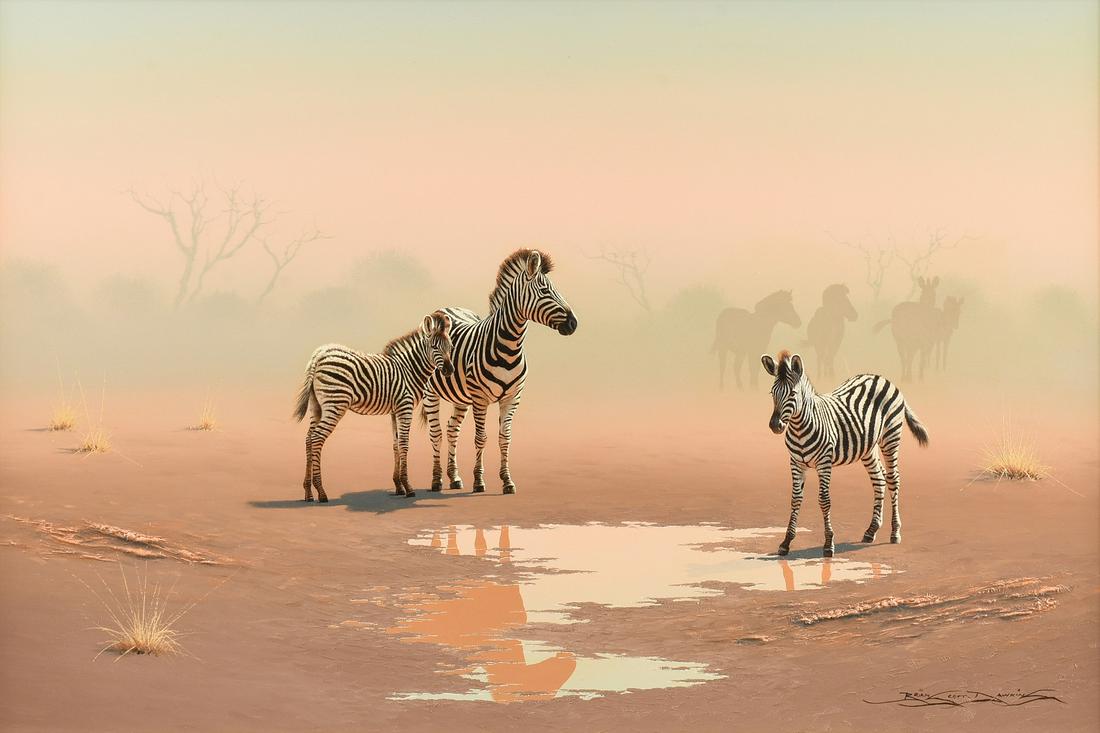 BRIAN SCOTT DAWKINS (South African b. 1949) A PAINTING,: BRIAN SCOTT DAWKINS (South African b. 1949) A PAINTING, "Zebras in the Dust," JUNE 17, 1998, oil on pressed masonite artist board, signed L/R, Brian Scott Dawkins," verso a paper certificate of authen