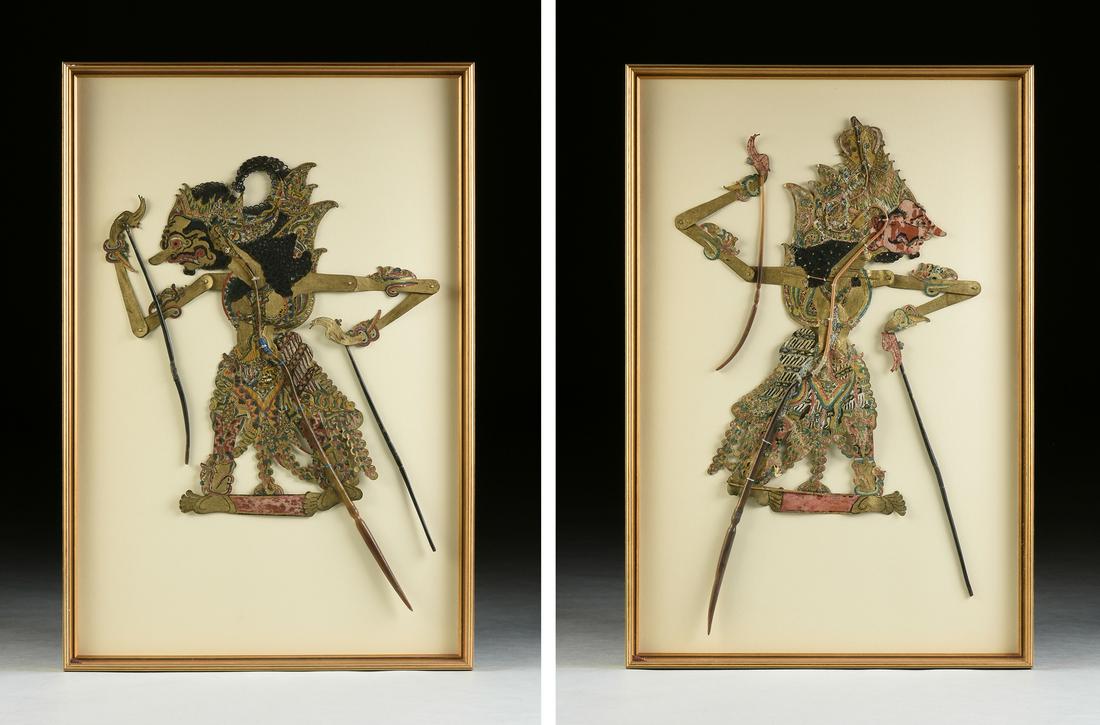 A PAIR OF INDONESIAN WAYANG KULIT PARCEL GILT: A PAIR OF INDONESIAN WAYANG KULIT PARCEL GILT POLYCHROME SHADOW PUPPETS, ATTRIBUTED TO JAVA, "King Kongso Adu Jago," 19TH CENTURY, painted and parcel gilt hide, horn, and bamboo. 36" x 24" Provenance: