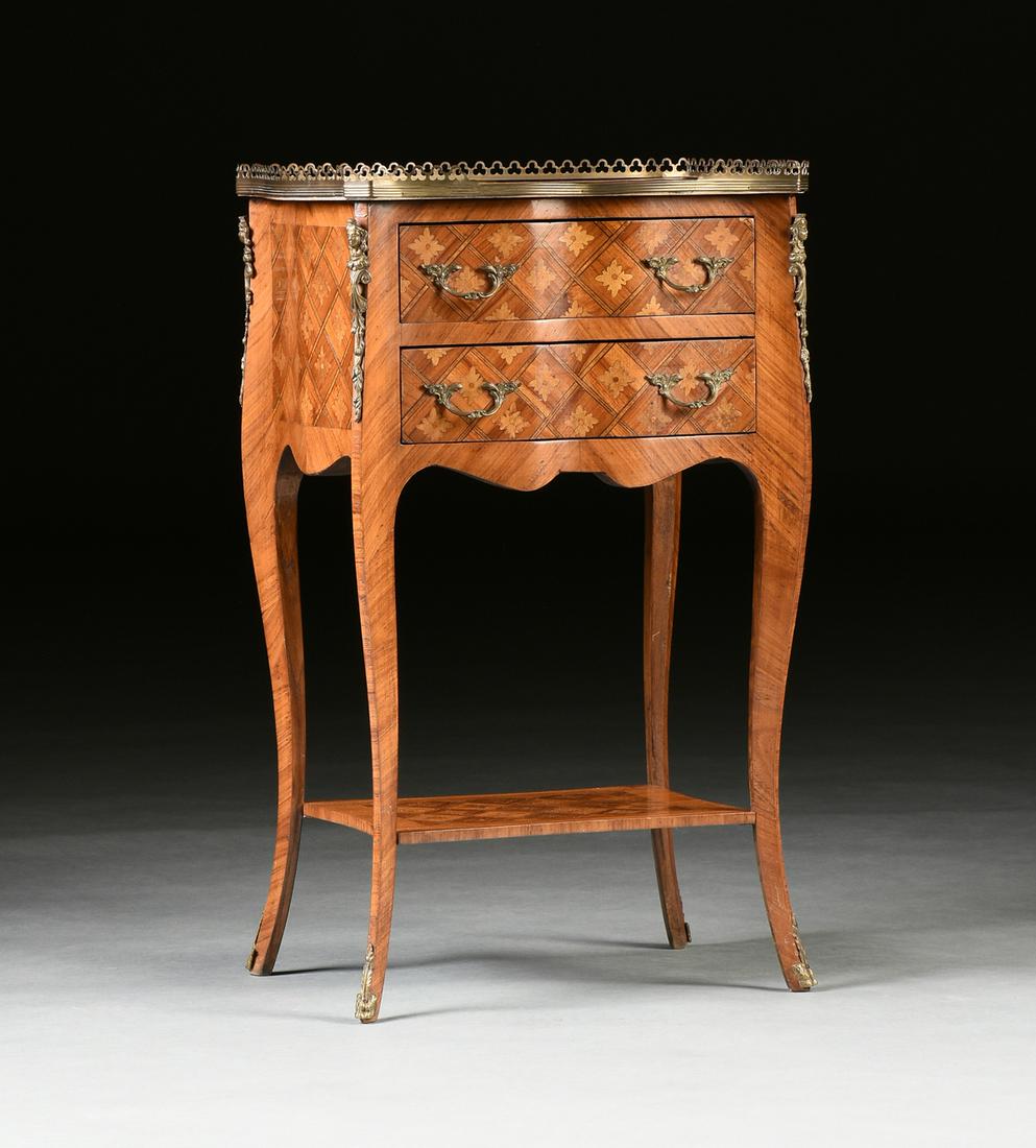 A TRANSITIONAL LOUIS XV/XVI STYLE KINGWOOD AND: A TRANSITIONAL LOUIS XV/XVI STYLE KINGWOOD AND SATINWOOD MARQUETRY INLAID ORMOLU MOUNTED LAMP TABLE, EARLY/MID 20TH CENTURY, the pierced trefoil three quarter gallery centering a lattice and flower bl