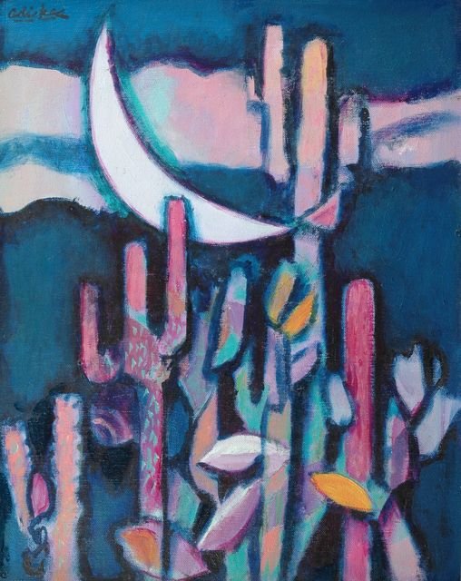 DAVID ADICKES (Texas/American, b. 1927) A PAINTING: DAVID ADICKES (Texas/American, b. 1927) A PAINTING, "Night in the Desert," oil on board, signed and dated 1989. 20" x 16". Framed.