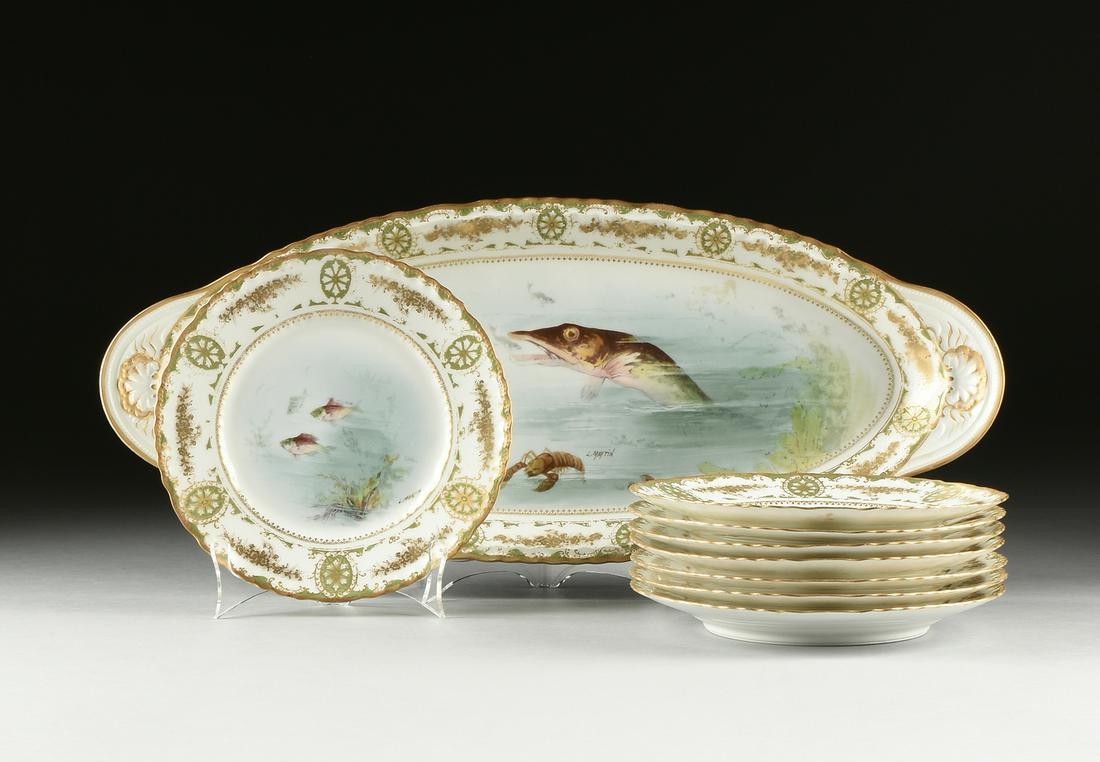 A NINE PIECE FISH PAINTED PORCELAIN SET, BY THEODORE: A NINE PIECE FISH PAINTED PORCELAIN SET, BY THEODORE HAVILAND, LIMOGES, FRENCH, LATE 19TH/EARLY 20TH CENTURY, comprising eight luncheon plates, diameter: 9", one matching elliptical form serving platt