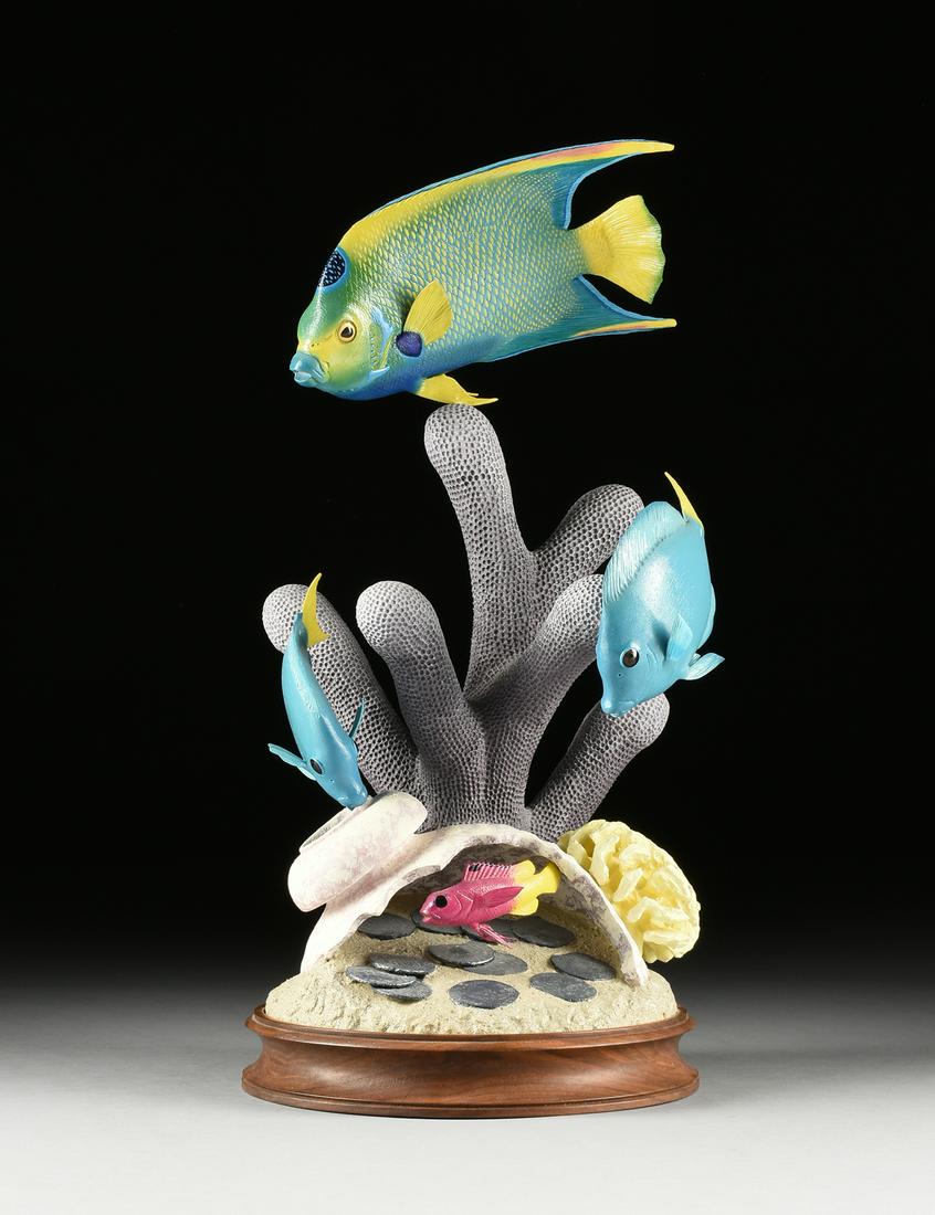 DAVID JOHNSON (American 20th Century) A SCULPTURE,: DAVID JOHNSON (American 20th Century) A SCULPTURE, "Seafan & Imperial Fish," 1991, painted wood, base signed and dated, with paper card, "The Wildlife Art Gallery at Conservancy of Southwest Flor