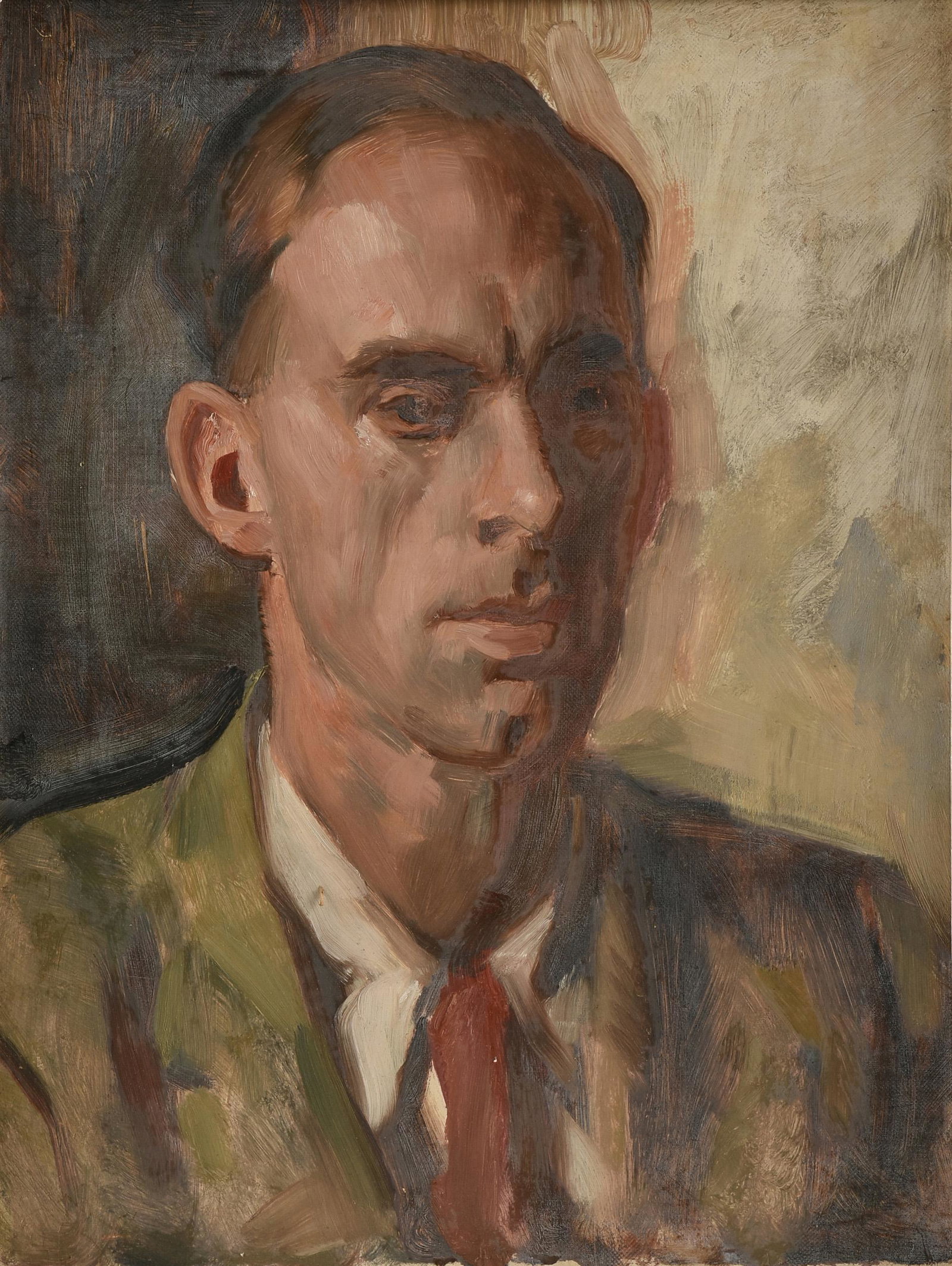 attributed to VICTOR HUME MOODY (English 1896-1990) A: attributed to VICTOR HUME MOODY (English 1896-1990) A PAINTING, "Portrait of a Man with a Cleft Chin," MID 20TH CENTURY, oil on canvas, verso canvas stamped, "No. 5 Prepared by...London." 16" x 12" Pr