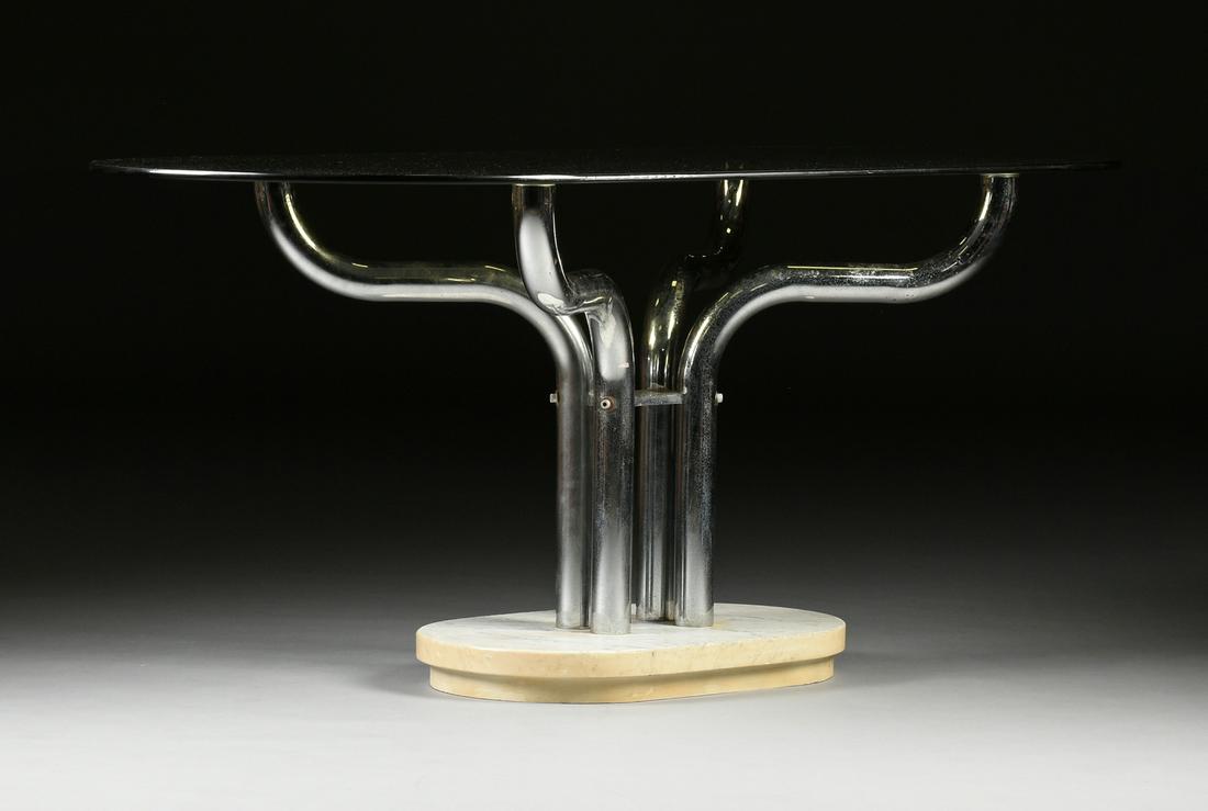 A VINTAGE MODERN SMOKED GLASS AND CHROME CENTER TABLE: A VINTAGE MODERN SMOKED GLASS AND CHROME CENTER TABLE ON MARBLE BASE, POSSIBLY ITALIAN, CIRCA 1970, the oval glass top on curved tubular chromed steel legs raised on a white marble base. Height: 30 1/