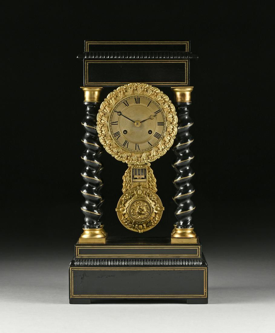 A NAPOLEON III EBONIZED WOOD BRASS INLAID TWISTED: A NAPOLEON III EBONIZED WOOD BRASS INLAID TWISTED COLUMN PORTICO CLOCK, CLOCKWORKS BY J. CHARLES, PARIS, MID/LATE 19TH CENTURY, the festive brass bead string inlaid with an applied split bobbin turned