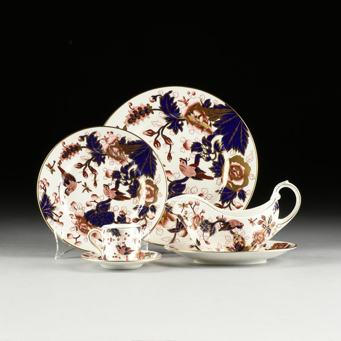 A FIFTY-FOUR PIECE COALPORT PORCELAIN PART DINNERWARE: A FIFTY-FOUR PIECE COALPORT PORCELAIN PART DINNERWARE SET, HONG KONG PATTERN, SIGNED, 20TH CENTURY, comprising twenty-seven dinner plates, diameter: 10 3/4"; thirteen salad plates, diameter: 8 1/8"; f