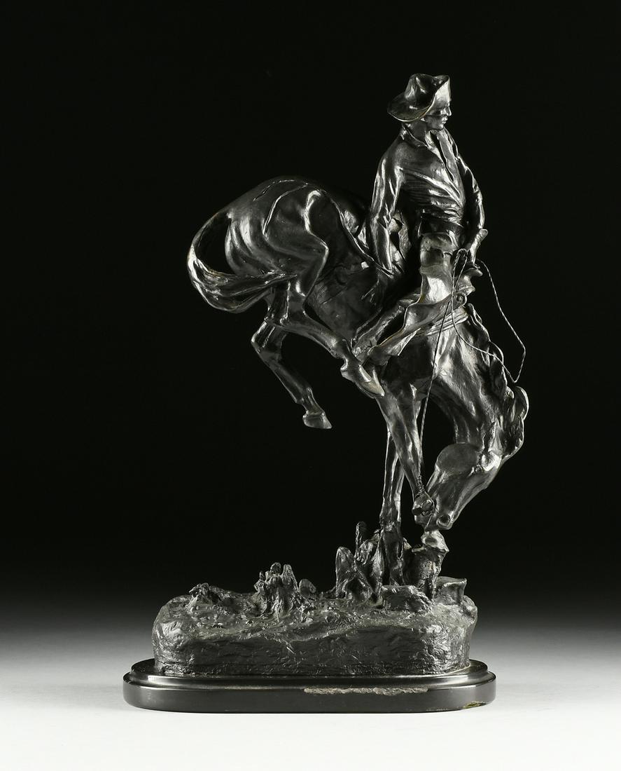 after FREDERIC REMINGTON (American 1861-1909) A BRONZE: after FREDERIC REMINGTON (American 1861-1909) A BRONZE SCULPTURE, "The Outlaw," with a black patina and a rounded rectangular groundwork base inscribed "Copyright By / Frederic Remington," raised on a