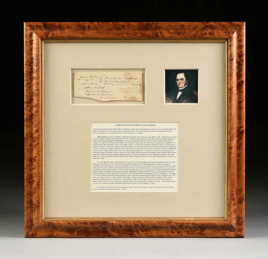 AN EARLY TEXAS EMPRESARIO SIGNATURE, MOSES AUSTIN,: AN EARLY TEXAS EMPRESARIO SIGNATURE, MOSES AUSTIN, PROBABLY MISSOURI, MARCH 10, 1809, hand inscribed ink on paper court document, signed, "Moses Austin" with flourish, dated and also signed by James A