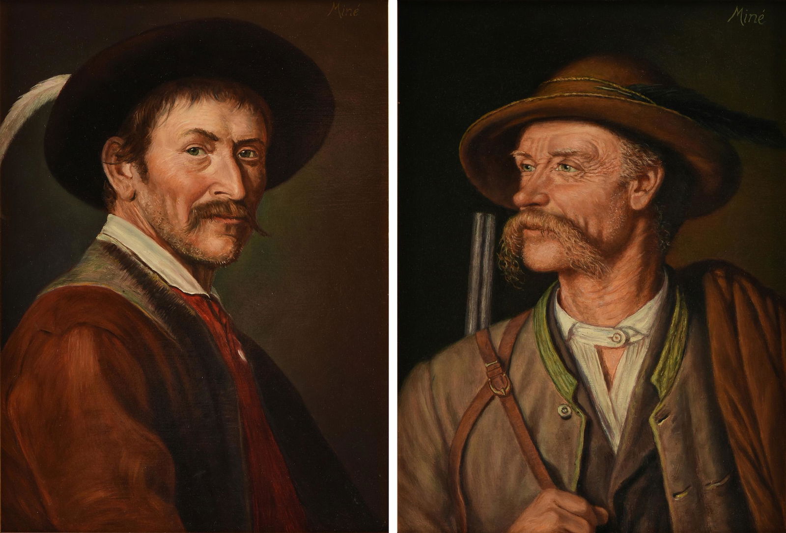 CASPER MINE (French b. 1905) TWO PAINTINGS, "Portrait: CASPER MINE (French b. 1905) TWO PAINTINGS, "Portrait of a Woodsman," AND "Portrait of a Hunter," EARLY/MID 20TH CENTURY, oil on masonite, signed U/R, "Mine." 12" x 9"