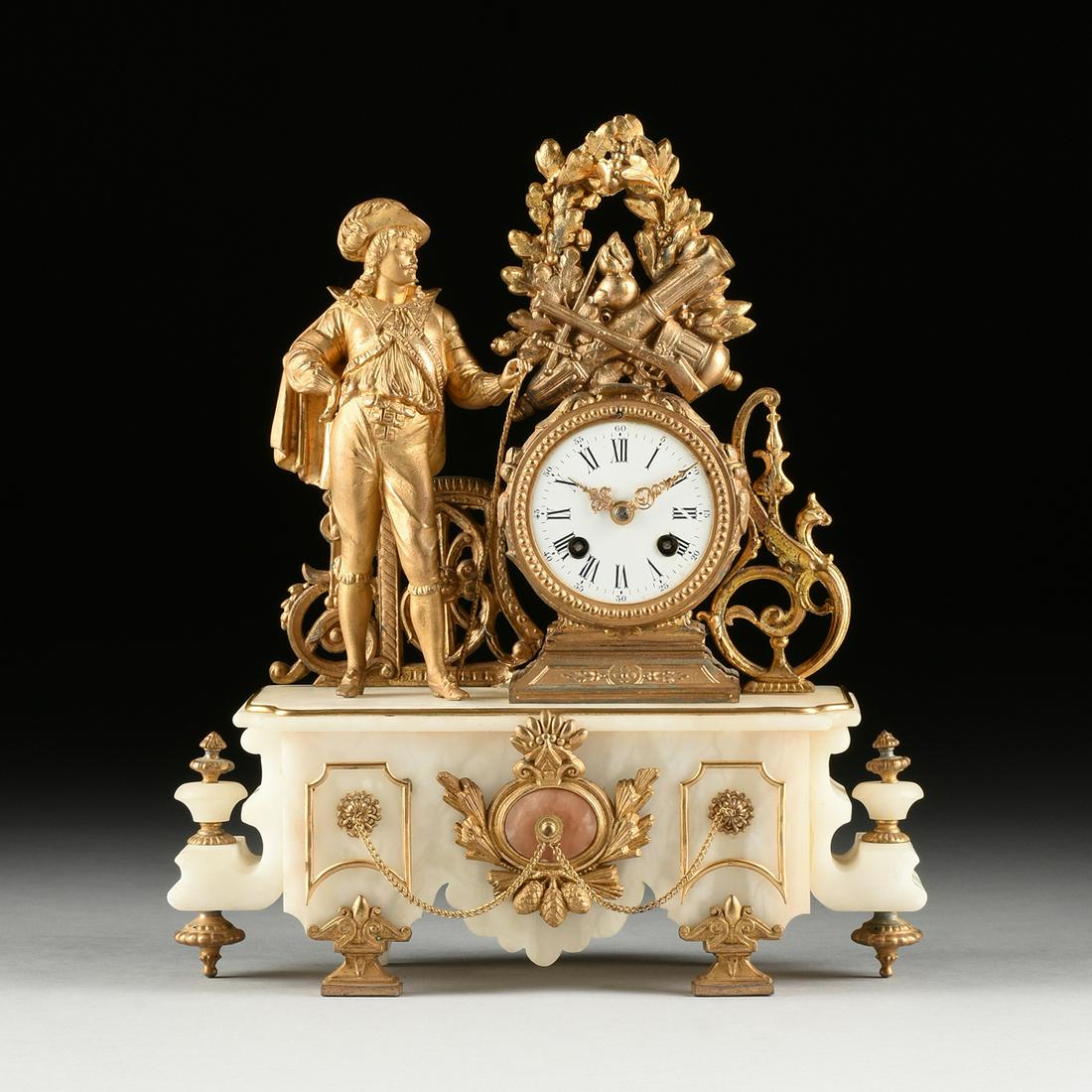 A RENAISSANCE REVIVAL GILT SPELTER ALABASTER CLOCK,: A RENAISSANCE REVIVAL GILT SPELTER ALABASTER CLOCK, CLOCKWORKS BY J. MARTI ET CIE, FRENCH, MID/LATE 19TH CENTURY, the figure of a gentleman in 18th century dress waits by a flourish of articles of war