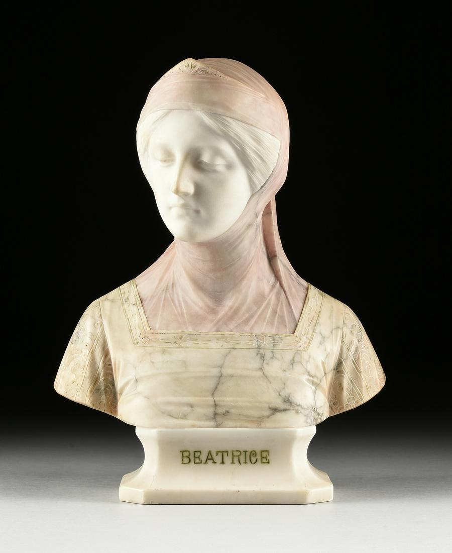 GIUSEPPE BESSI (Italian 1857-1922) A SCULPTURE,: GIUSEPPE BESSI (Italian 1857-1922) A SCULPTURE, "Beatrice," CIRCA 1900, a rose pink and white variegated marble and alabaster bust of Dante Alighieri's muse, with a downcast gaze surrounded by her tig