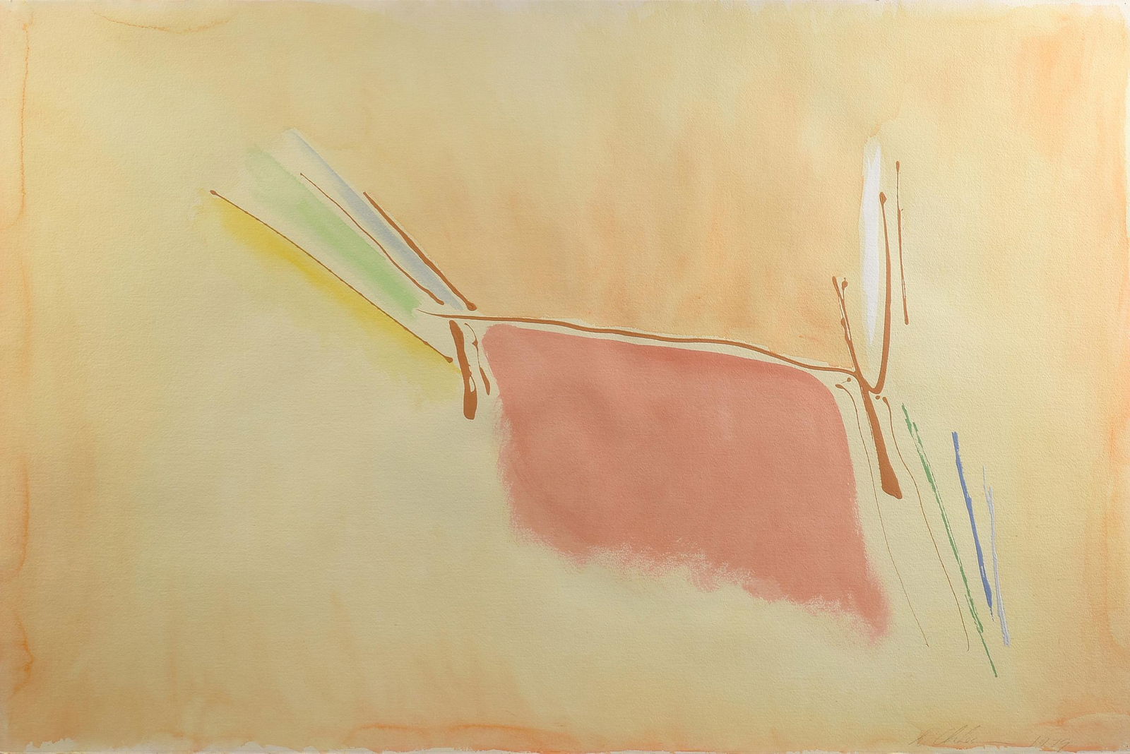DAN CHRISTENSEN (1942 - 2007), AN ABSTRACT PAINTING,: DAN CHRISTENSEN (1942 - 2007), AN ABSTRACT PAINTING, "Untitled: Blue, Green, Yellow and Red," 1979, mixed media on paper, signed indistinctly and dated in pencil LR. 40" x 60" Provenance: Property fro