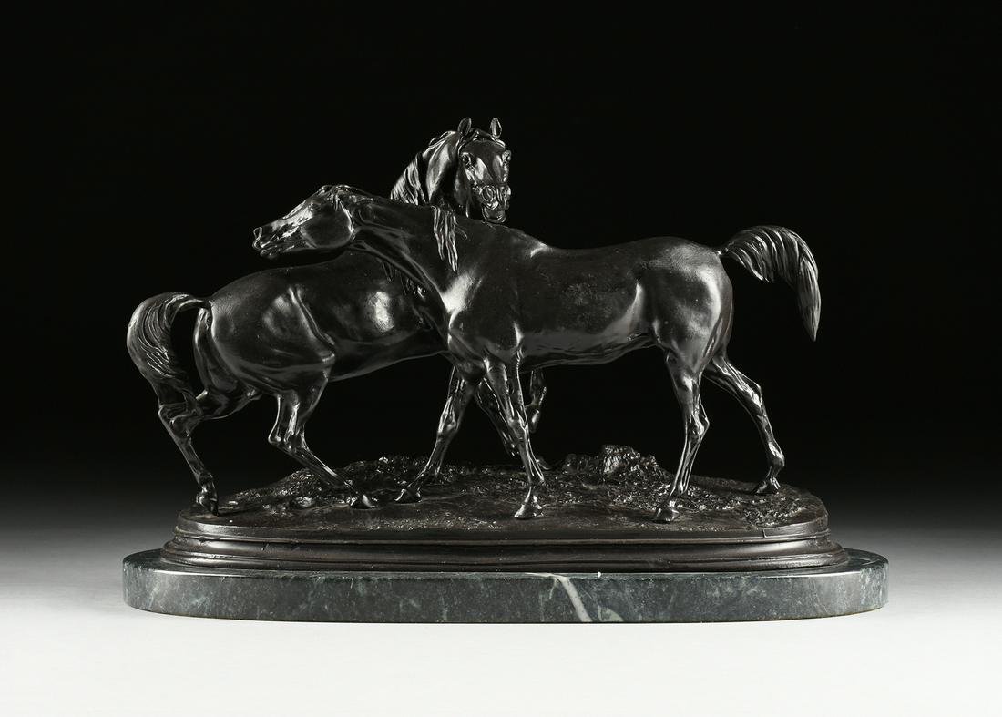 after PIERRE-JULES MÊNE (French 1810-1879) A BRONZE: after PIERRE-JULES MÊNE (French 1810-1879) A BRONZE HORSE SCULPTURE, "L'Accolade," 20TH CENTURY, with a black patination and cast as the two Arab horses Tachiani and Nedjibe "necking," while standing