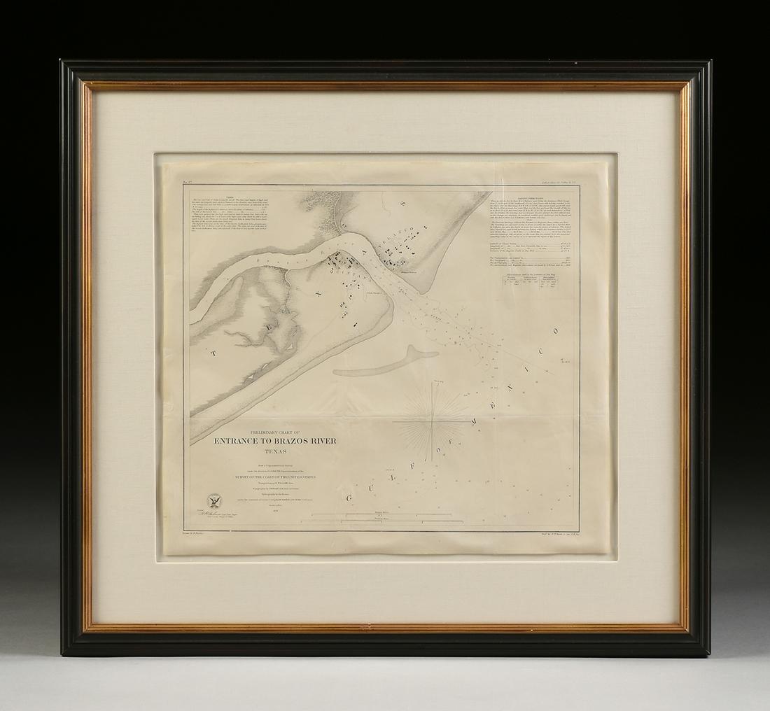 AN ANTIQUE SURVEY MAP, "Preliminary Chart of Entrance: AN ANTIQUE SURVEY MAP, "Preliminary Chart of Entrance to Brazos River, Texas," NEW YORK, CIRCA 1858, lithograph on paper, No. 27, "From a Trigonometrical Survey under the direction of A.D. Bache, Supe