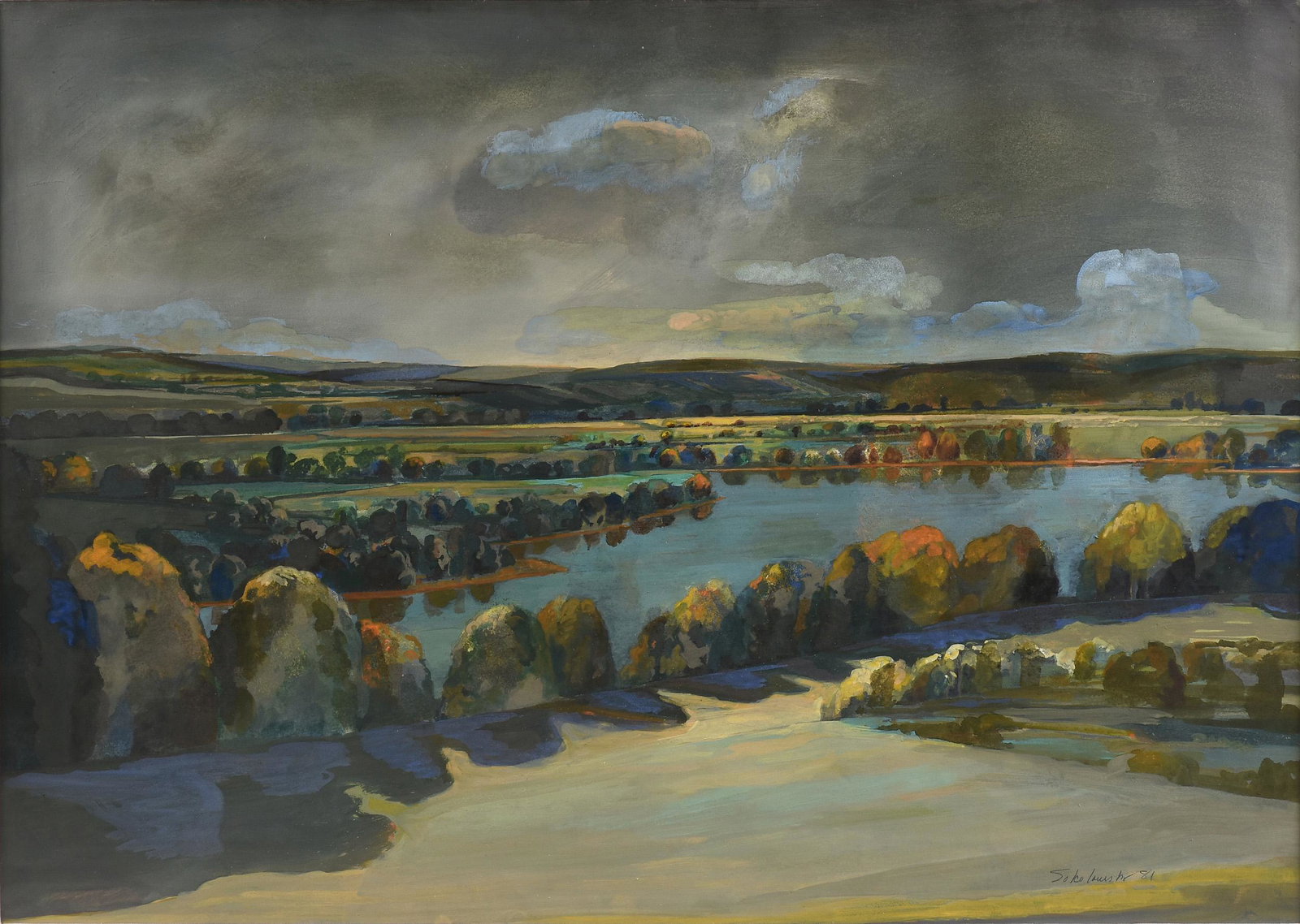 LINDA SOKOLOWSKI (American b. 1943) A PAINTING, "Storm: LINDA SOKOLOWSKI (American b. 1943) A PAINTING, "Storm Passing Above the River," 1981, oil on paper, signed L/R, "Sokolowski '89," verso a paper label. 29" x 41" Provenance: Kraushaar Galleries,