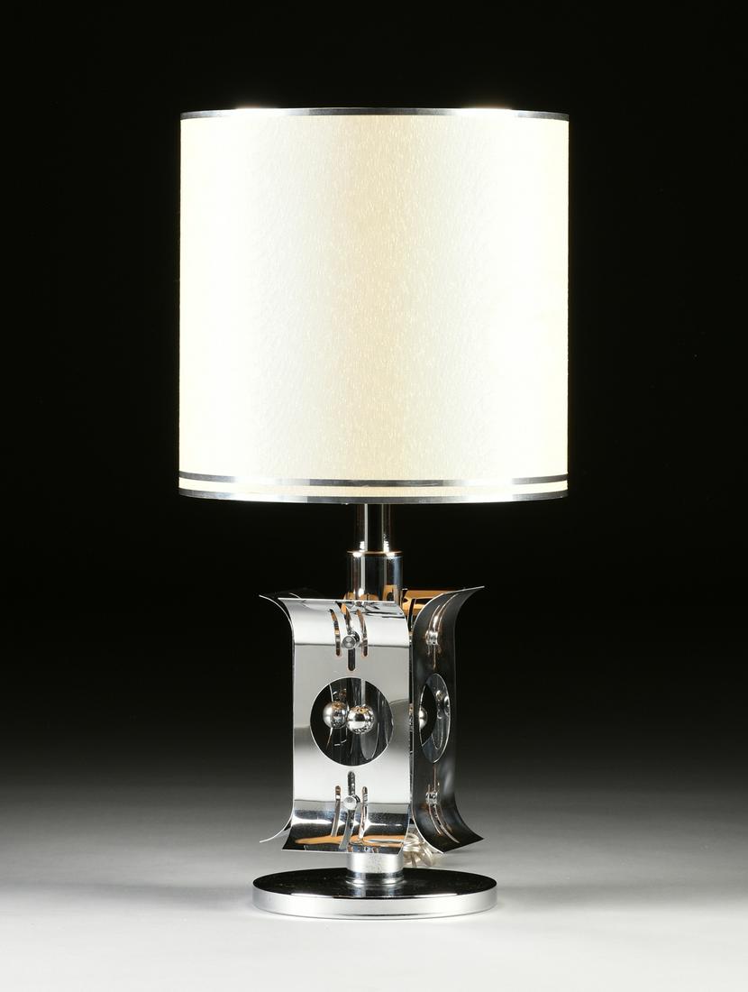 A VINTAGE ITALIAN "SPACE AGE" STYLE CHROME TABLE LAMP,: A VINTAGE ITALIAN "SPACE AGE" STYLE CHROME TABLE LAMP, BY GAETANO SCIOLARI, 1970s, of square lantern form with central stepped columnar shaft issuing cylinder pegs, supporting rectangular panels with