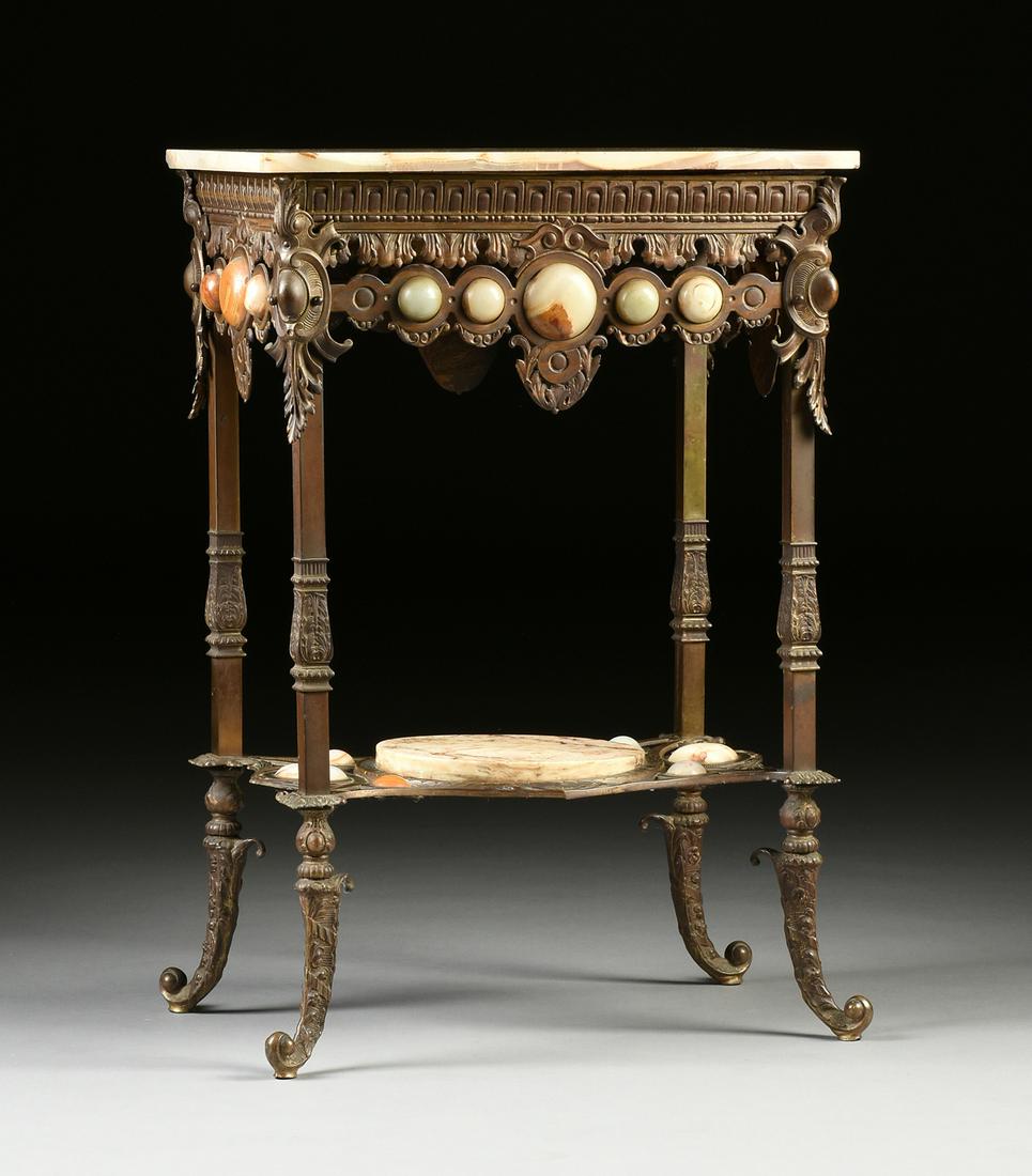 A VICTORIAN AGATE, ONYX AND VARIOUS HARDSTONES MOUNTED: A VICTORIAN AGATE, ONYX AND VARIOUS HARDSTONES MOUNTED BRONZE SIDE TABLE, THIRD QUARTER 19TH CENTURY, with a large rectangular Algerian onyx top above a reticulated frieze cast with stylized palmette