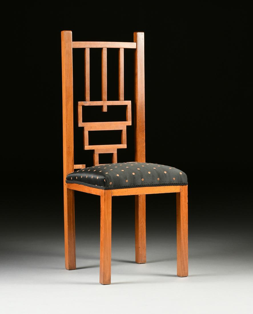 A VIENNA SECESSIONIST STYLE BLACK SILK COVERED BEECH: A VIENNA SECESSIONIST STYLE BLACK SILK COVERED BEECH HIGH BACK CHAIR, 1900-1930, circle of Josef Hoffmann (Austrian 1870-1956), the dropped crest rail issuing a restrained geometric beehive splat, a m