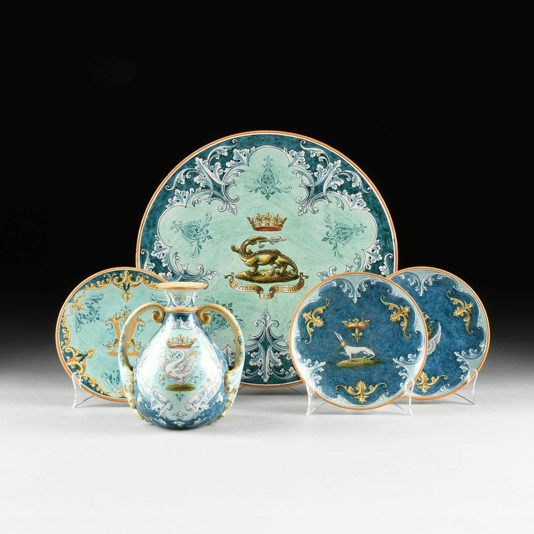 FIVE FRENCH RENAISSANCE REVIVAL FAIENCE EARTHENWARES,: FIVE FRENCH RENAISSANCE REVIVAL FAIENCE EARTHENWARES, BLOIS, MID/LATE 20TH CENTURY, azure and teal ground glazed earthenware with leafy foliate, from smallest to largest, three small plates, one with 