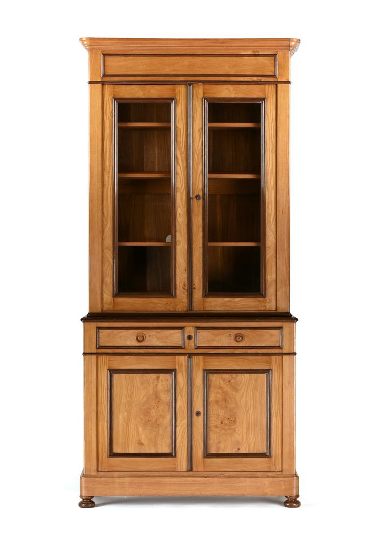 AN ANTIQUE CHESTNUT TRIMMED CHERRY CABINET, FRENCH,: AN ANTIQUE CHESTNUT TRIMMED CHERRY CABINET, FRENCH, SECOND HALF 19TH CENTURY, with a rectangular molded cornice above a paneled frieze and glazed doors opening to an adjustable three shelf interior, o