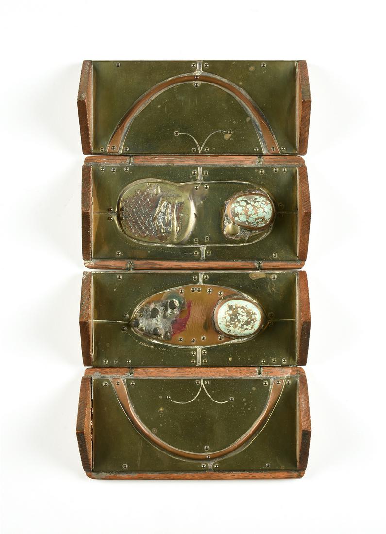 CHARLES PEBWORTH (American/Texas 1926 - 2019) A: CHARLES PEBWORTH (American/Texas 1926 - 2019) A MINIATURE MIXED METALS AND STONE WALL SCULPTURE, "Portable Artwork," 1977, composed as a four panel hinged wood standing icon, mounted with brass plaque