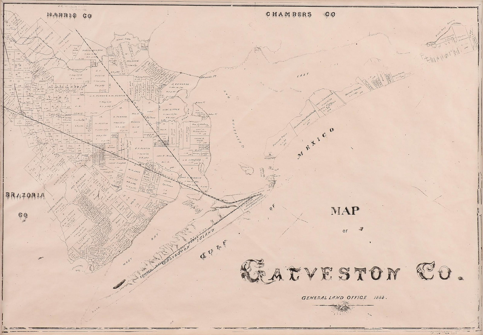 A FACSIMILE CADASTRAL MAP, "Map of Galveston Co.: A FACSIMILE CADASTRAL MAP, "Map of Galveston Co. General Land Office 1883," a reproduction of the original lithograph on pale pink paper. 18" x 25 3/4" Provenance: Property from a Corporate Colle