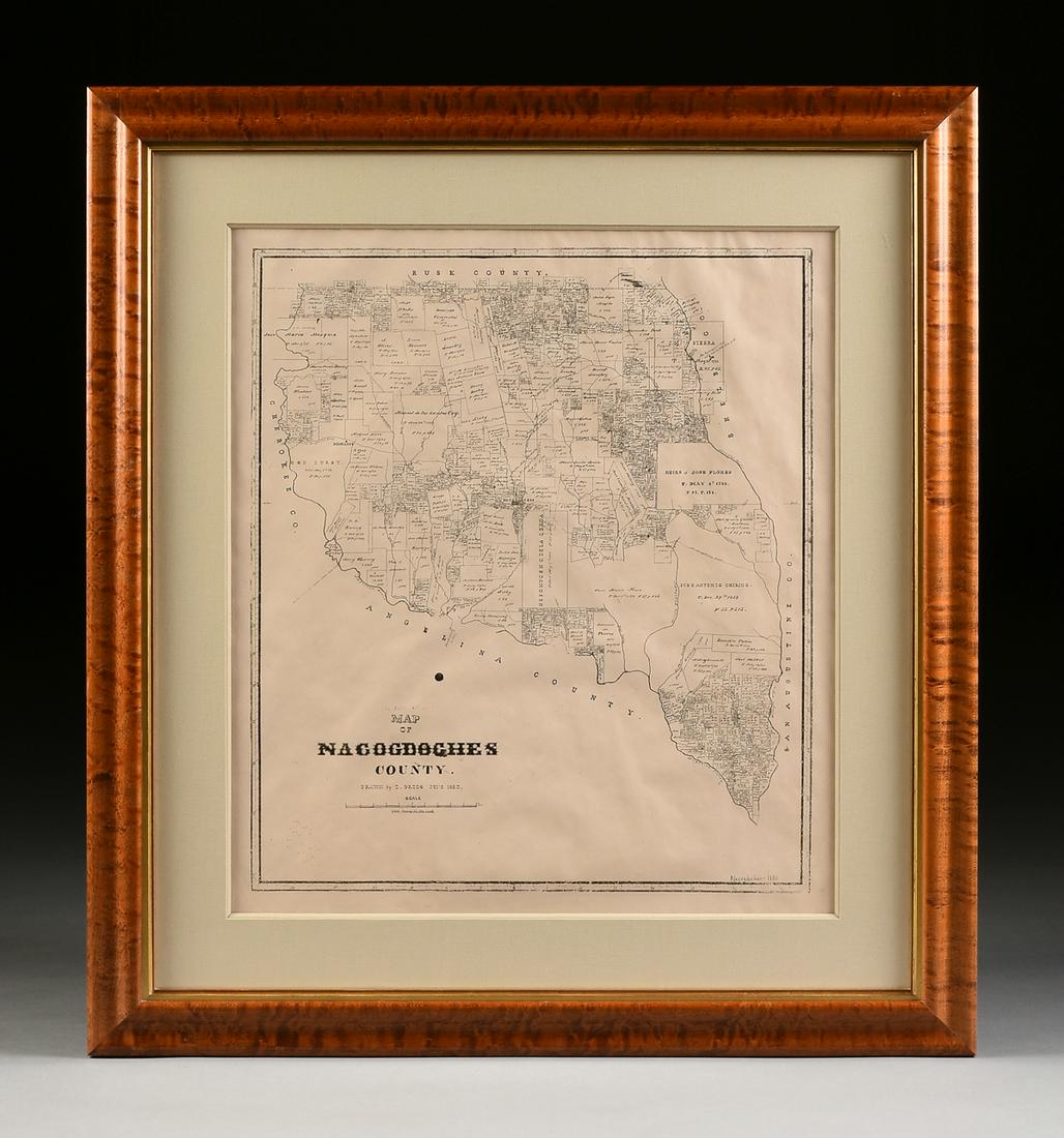 A FACSIMILE CADASTRAL MAP, "Map of Nacogdoches County,": A FACSIMILE CADASTRAL MAP, "Map of Nacogdoches County," EARLY 20TH CENTURY, a reproduction of the original 1880 lithograph on pale pink paper. 24 1/2" x 21 1/2" Provenance: Property from a Corporate C