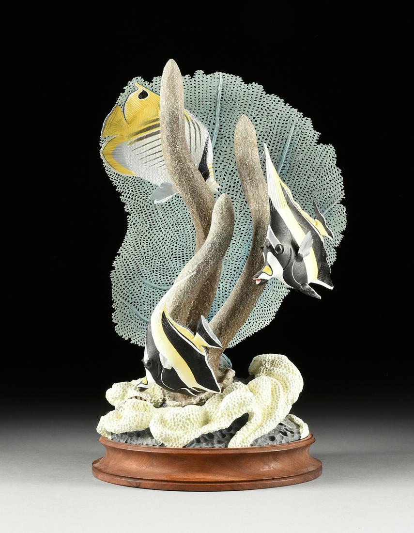 DAVID JOHNSON (American 20th Century) A SCULPTURE,: DAVID JOHNSON (American 20th Century) A SCULPTURE, "Angel Fish," 1992, painted wood, base signed and dated, with paper card, "The Wildlife Art Gallery at Conservancy of Southwest Florida." Height: 15