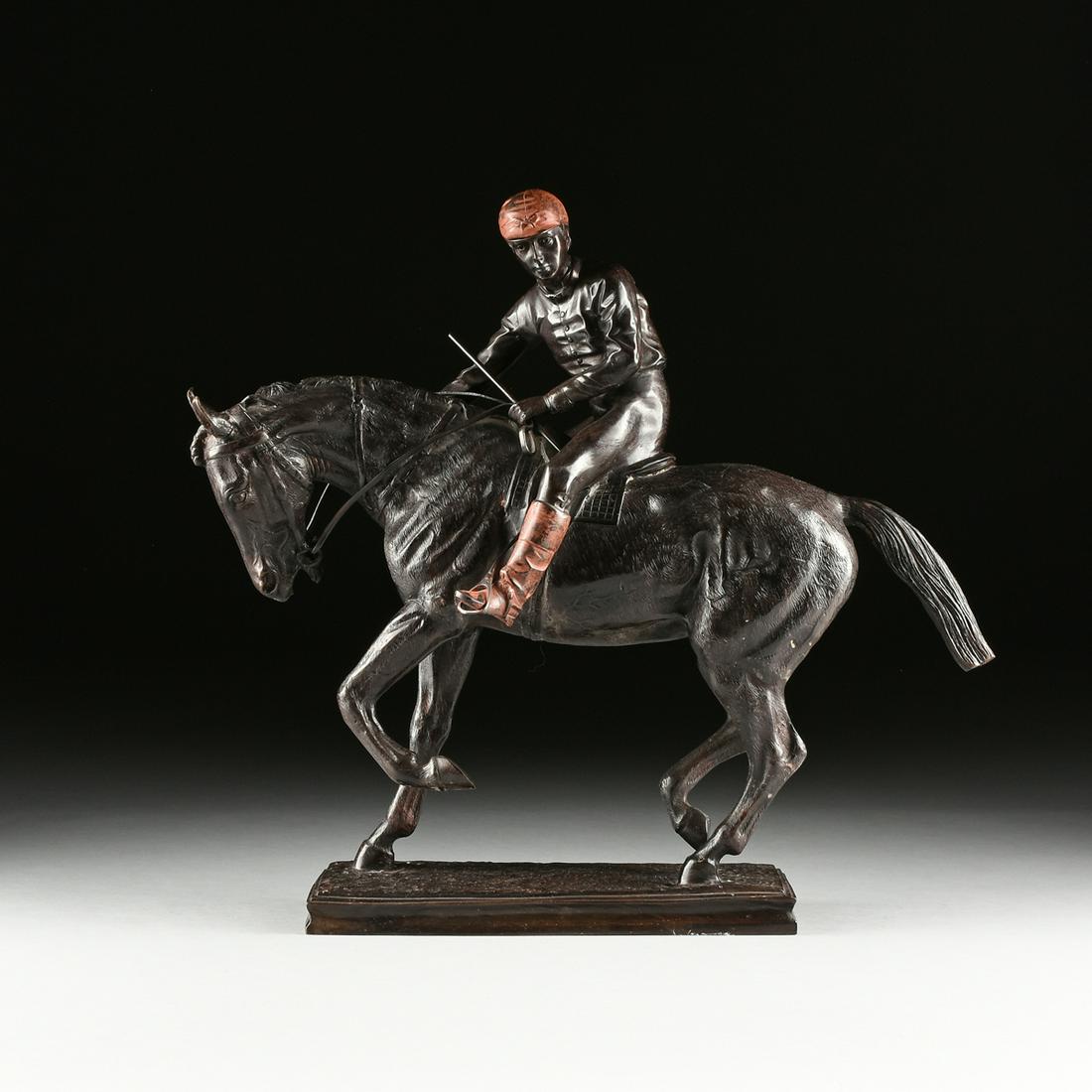 after PIERRE JULES MÊNE (French 1810-1879) A BRONZE: after PIERRE JULES MÊNE (French 1810-1879) A BRONZE FIGURAL SCULPTURE, "Jockey on Horse," LATE 20TH CENTURY, a patinated and cold painted bronze Jockey wearing red cap and boots on horse group, r