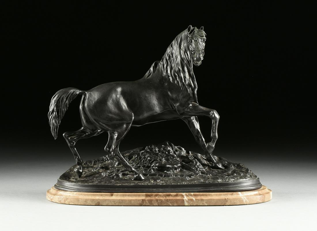 after PIERRE-JULES MÊNE (French 1810-1879) A BRONZE: after PIERRE-JULES MÊNE (French 1810-1879) A BRONZE SCULPTURE, "Stallion," 20TH CENTURY, with a black patination and modeled as a startled stallion standing on an oval stylized groundwork base, inscr