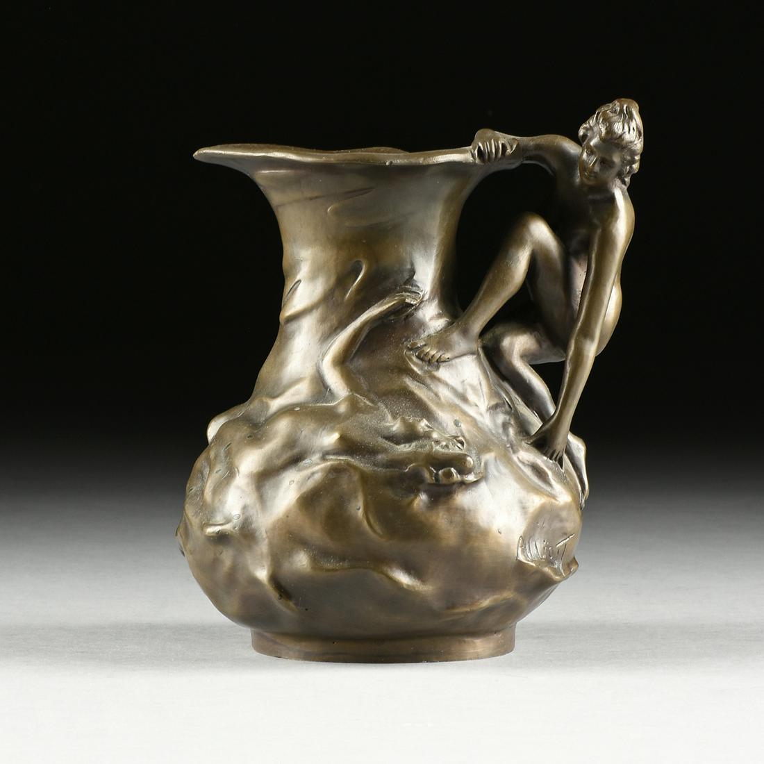 after LUCIEN CHARLES EDOUARD ALLIOT (French 1877-1967): after LUCIEN CHARLES EDOUARD ALLIOT (French 1877-1967) A BRONZE FIGURAL EWER, in an Art Nouveau style, the lightly patinated brown rounded rim and everted spout tapering to a short circular neck on a 