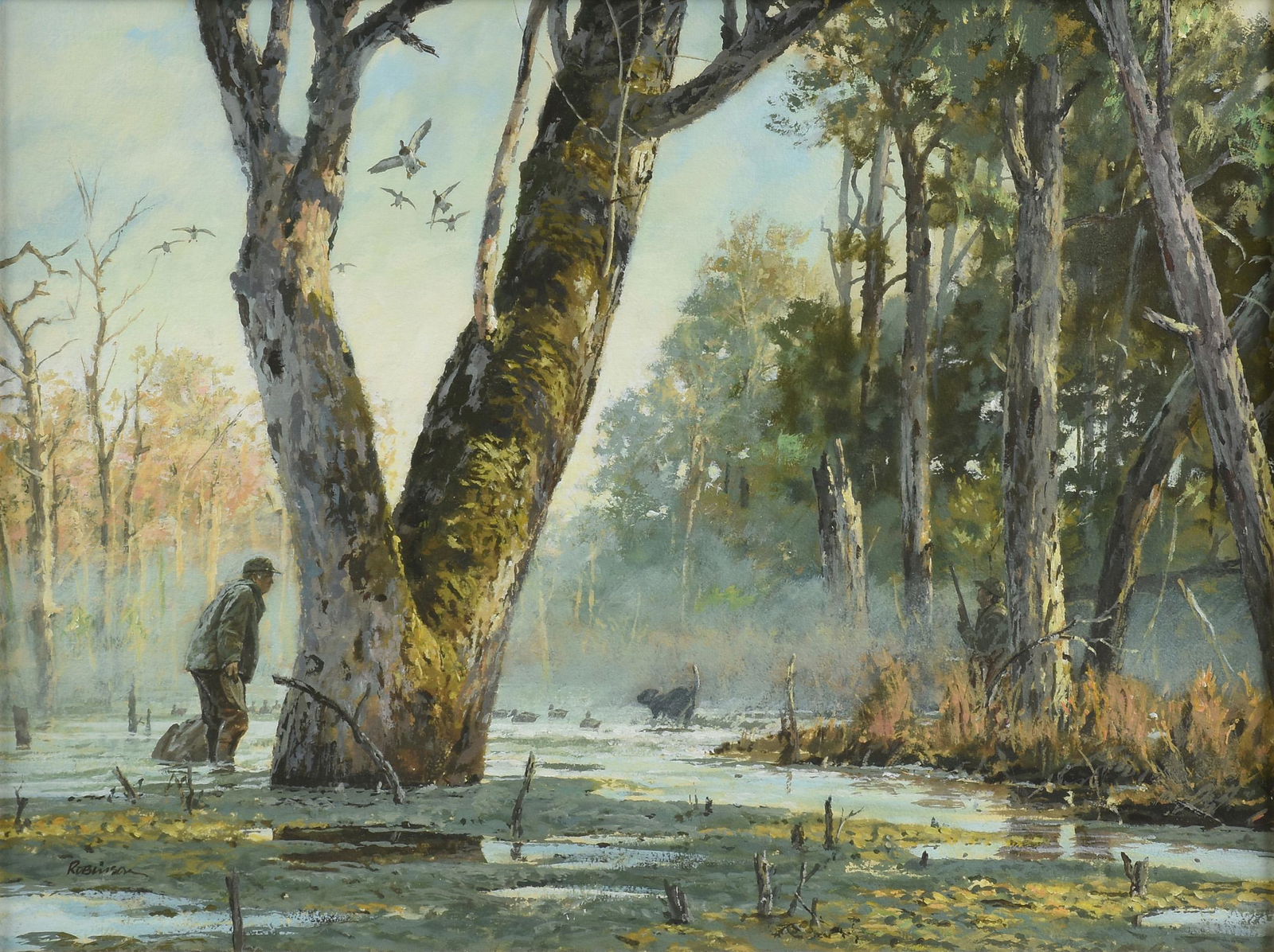 JAMES ROBINSON (American/Texas 1944-2015) A PAINTING,: JAMES ROBINSON (American/Texas 1944-2015) A PAINTING, "Duck Decoys, Black Lab and Hunter in the Swamp," watercolor on paper, signed L/L, "Robinson." 22" x 30" Provenance: Property from a Corporate Art
