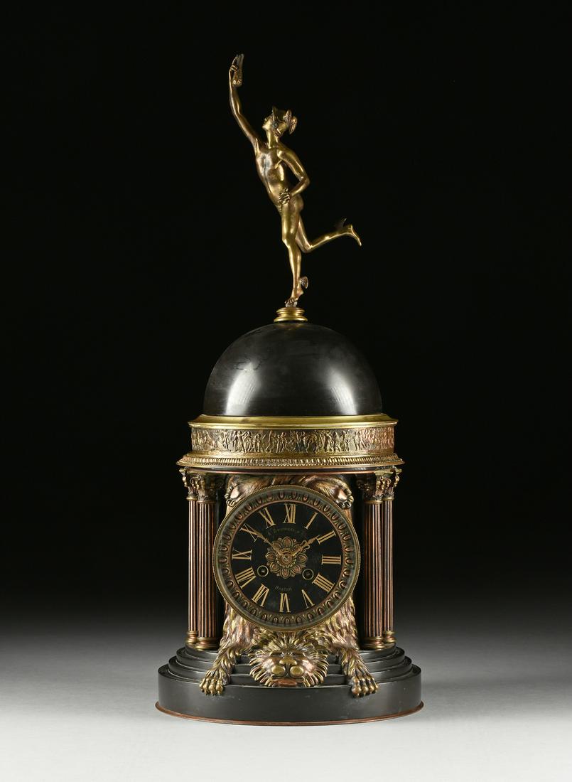 A NEOCLASSICAL PATINATED BRONZE CLOCK, RETAILED BY A.: A NEOCLASSICAL PATINATED BRONZE CLOCK, RETAILED BY A. STOWELL, BOSTON, the figure of Hermes/Mercury modeled after Giambologna's 16th century Medici Mercury, tiptoes atop the dome above a busy fri